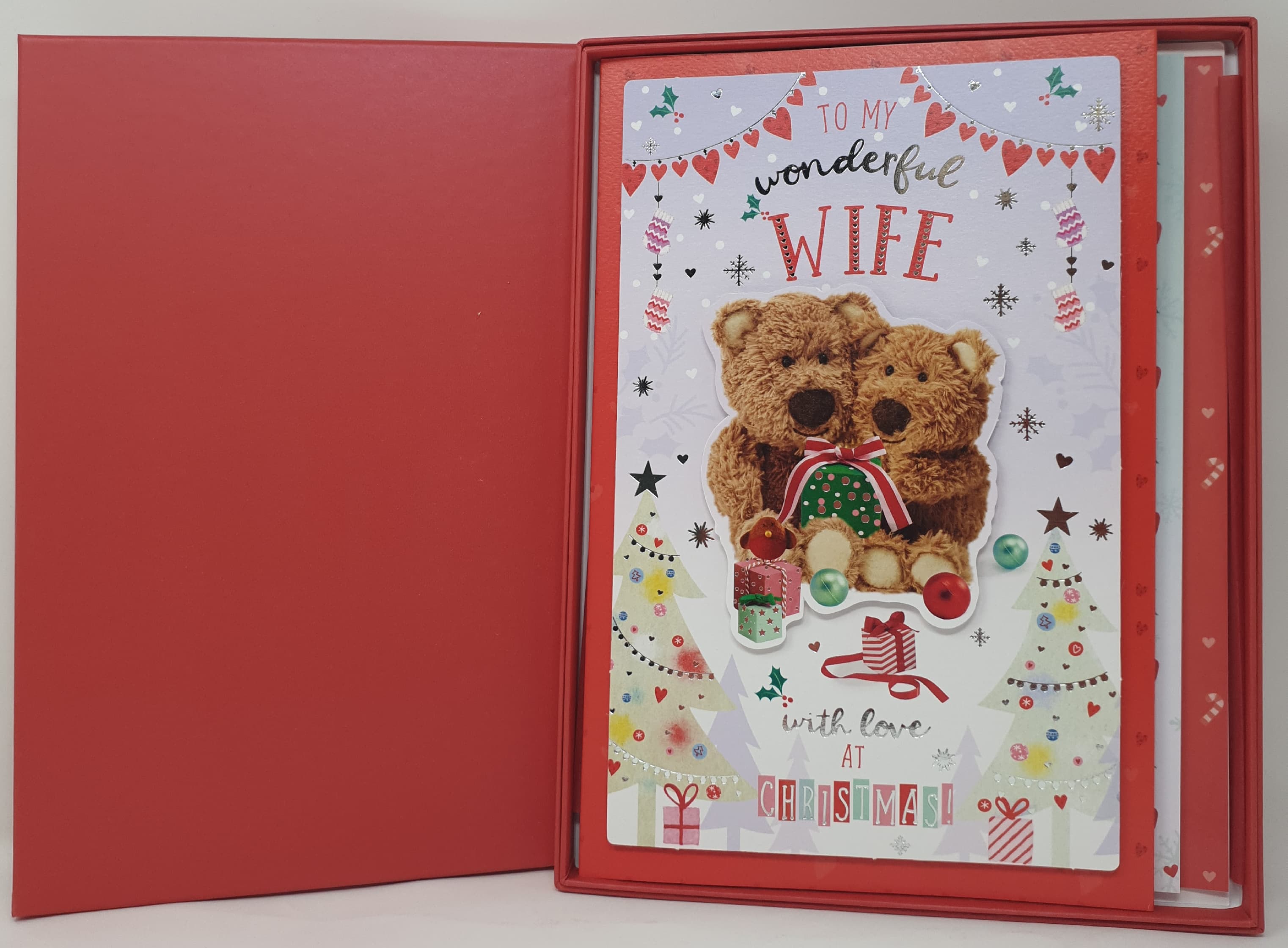 Wife Christmas Card - Two Teddy Bears with Gifts & Hearts (Card In A Presentation Box)
