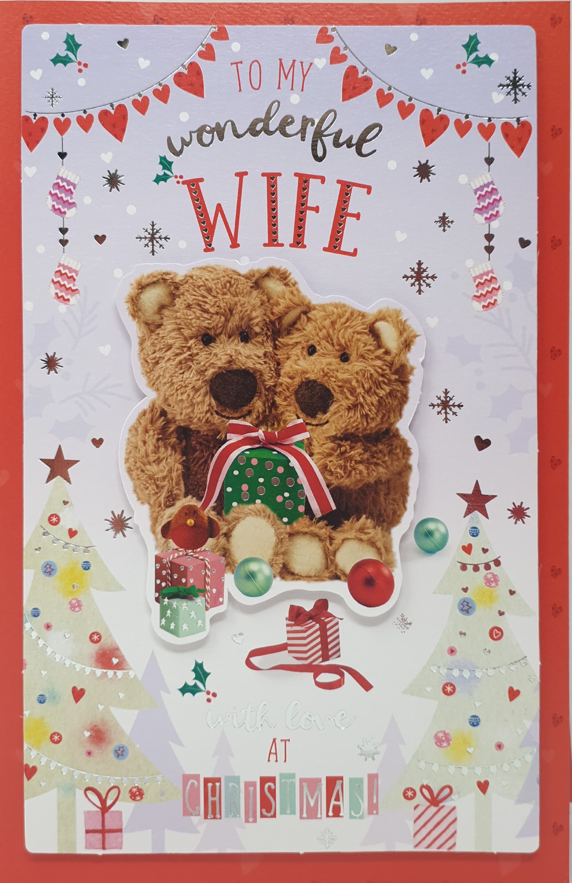 Wife Christmas Card - Two Teddy Bears with Gifts & Hearts (Card In A Presentation Box)