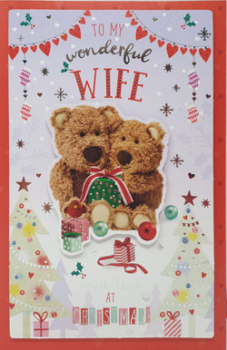 Wife Christmas Card - Two Teddy Bears with Gifts & Hearts (Card In A Presentation Box)