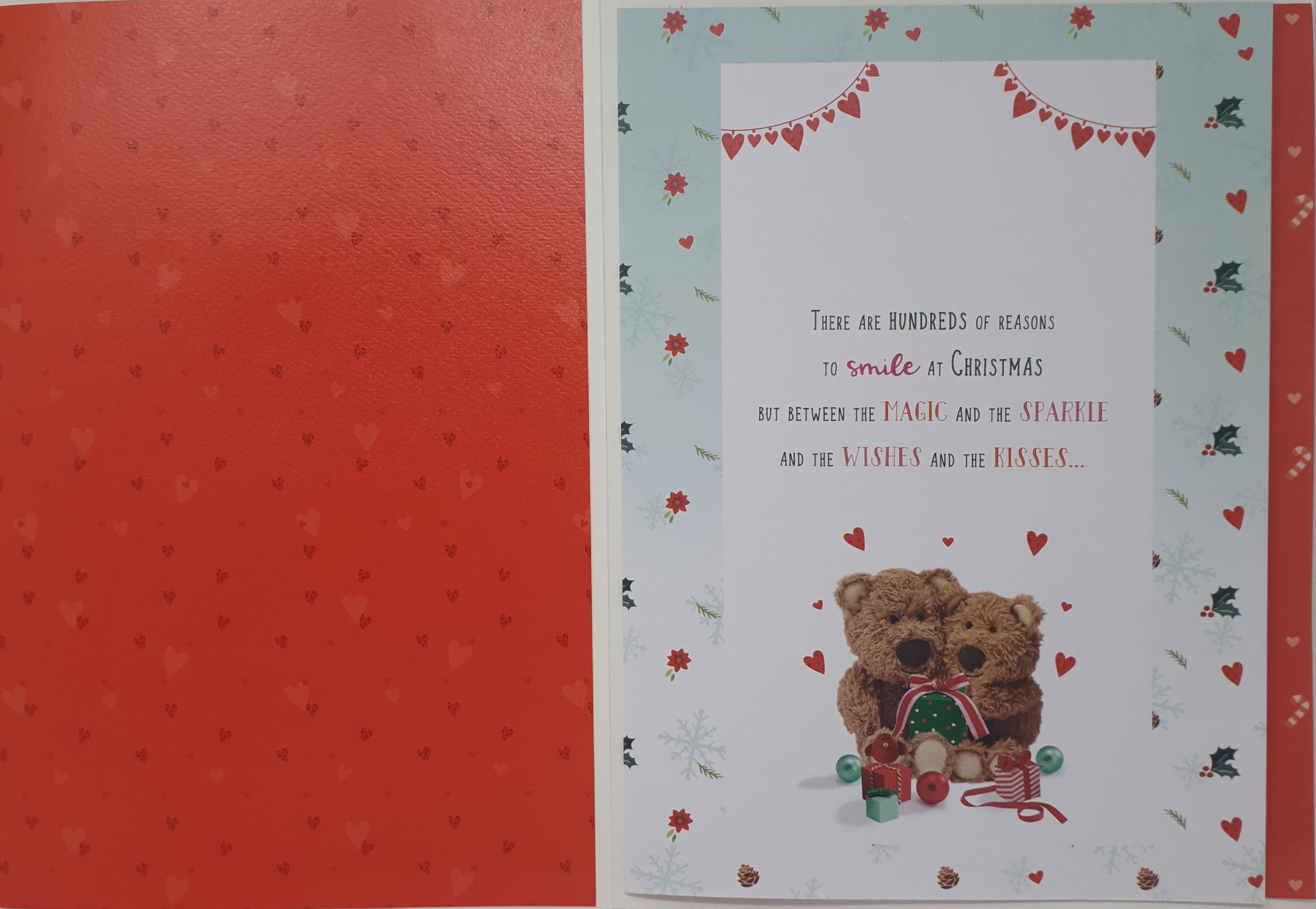 Wife Christmas Card - Two Teddy Bears with Gifts & Hearts (Card In A Presentation Box)