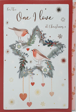 One I Love Christmas Card - Robins on Silver Star & Hearts (Card In A Presentation Box)