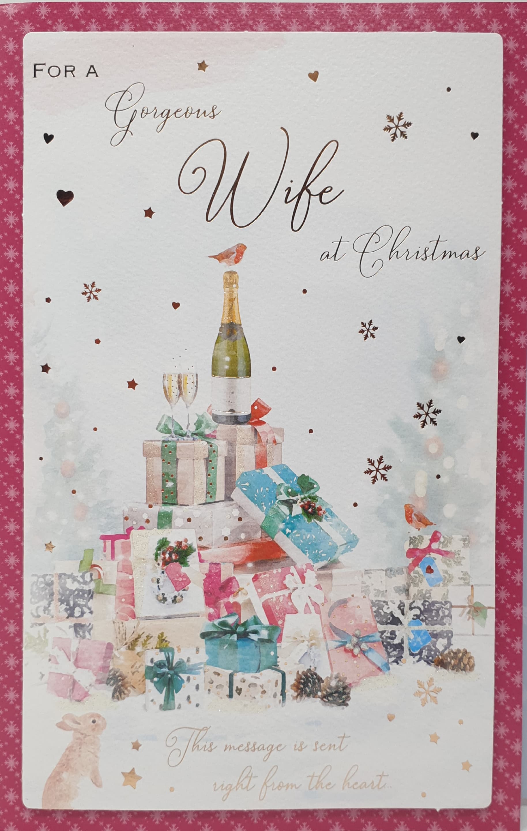 Wife Christmas Card - Decorated Pile of Gifts & Wine (Card In A Presentation Box)