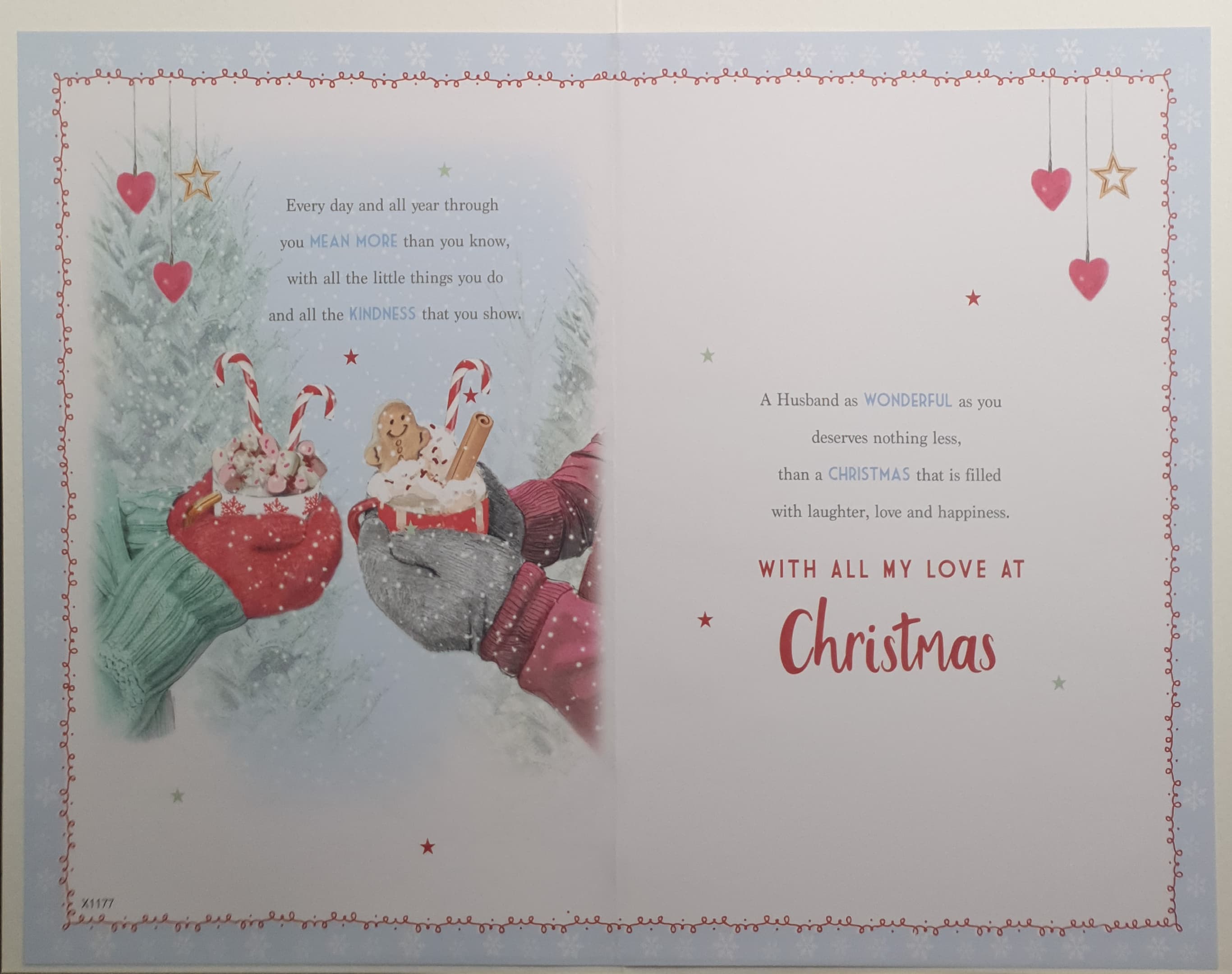 Husband Christmas Card -  Couple Wearing Gloves, Festive Hot Chocolate