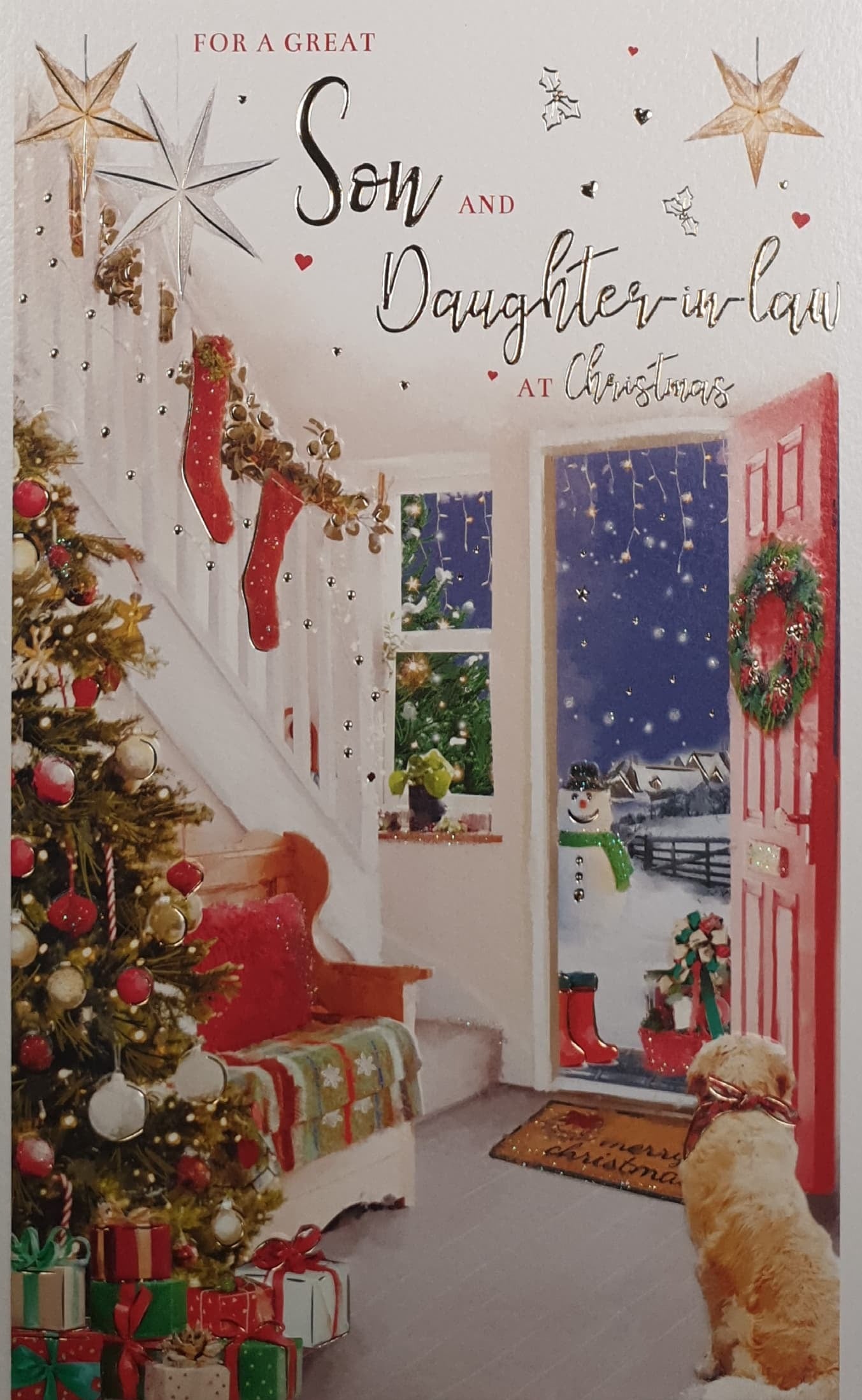 Son & Daughter-in-Law Christmas Card - Golden Retriever & Decorated Hallway
