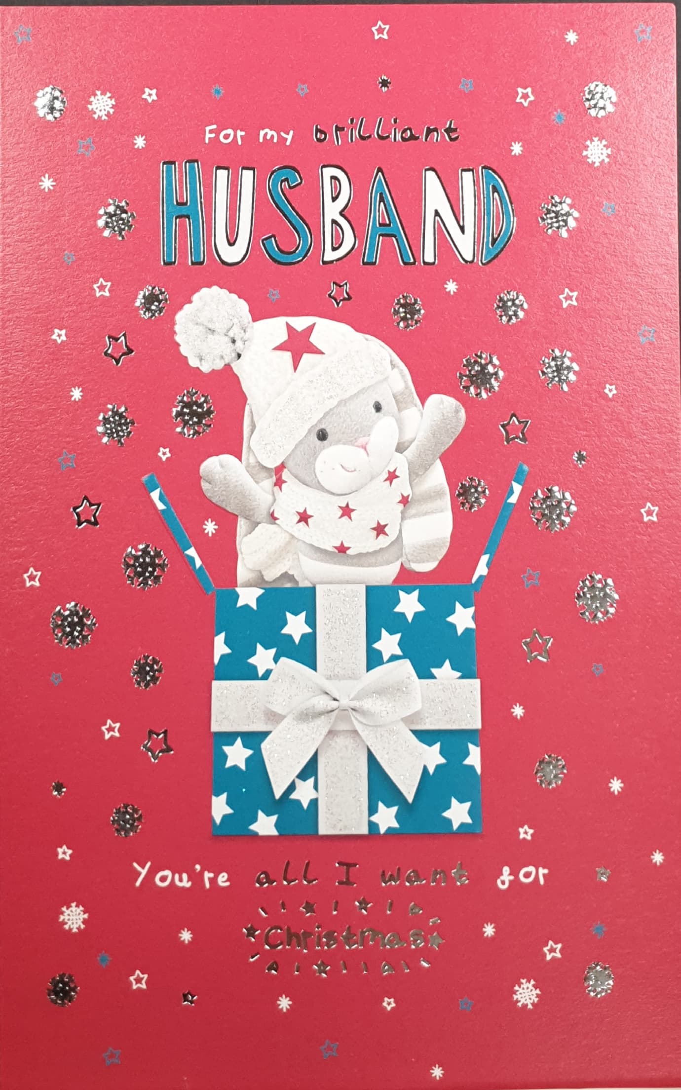 Husband Christmas Card - Happy Bunny Opening Blue Gift