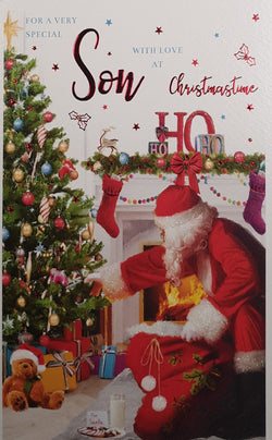Son Christmas Card - With Love / Santa Decorating Christmas Tree