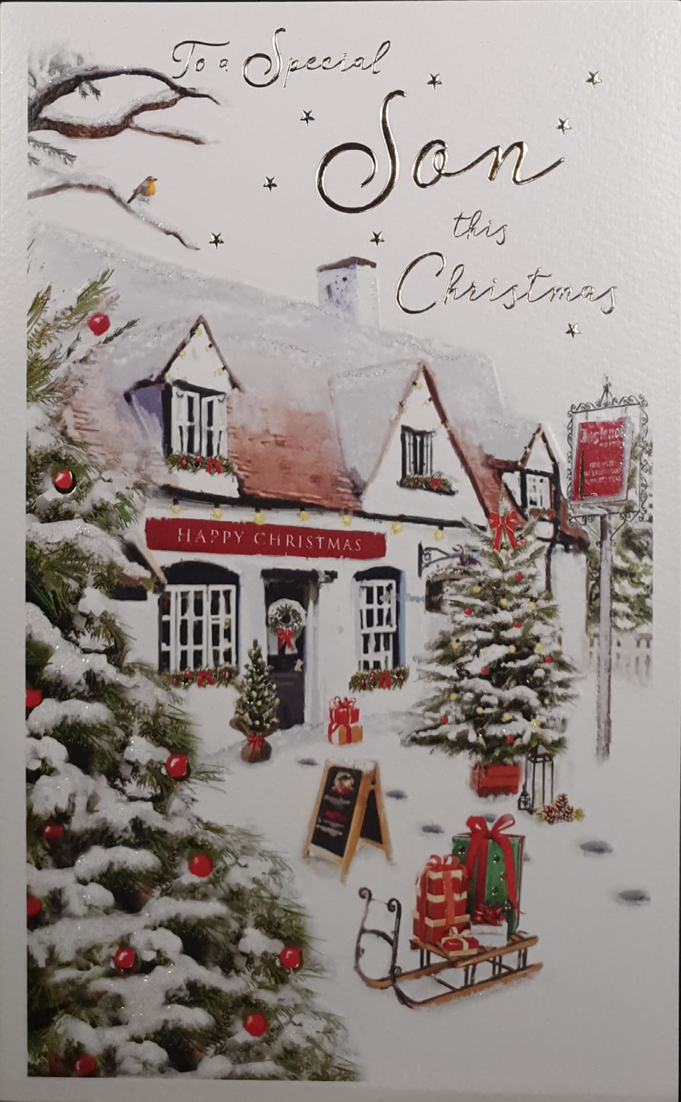 Son Christmas Card - Snowy Village & Sled with Gifts