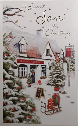 Son Christmas Card - Snowy Village & Sled with Gifts