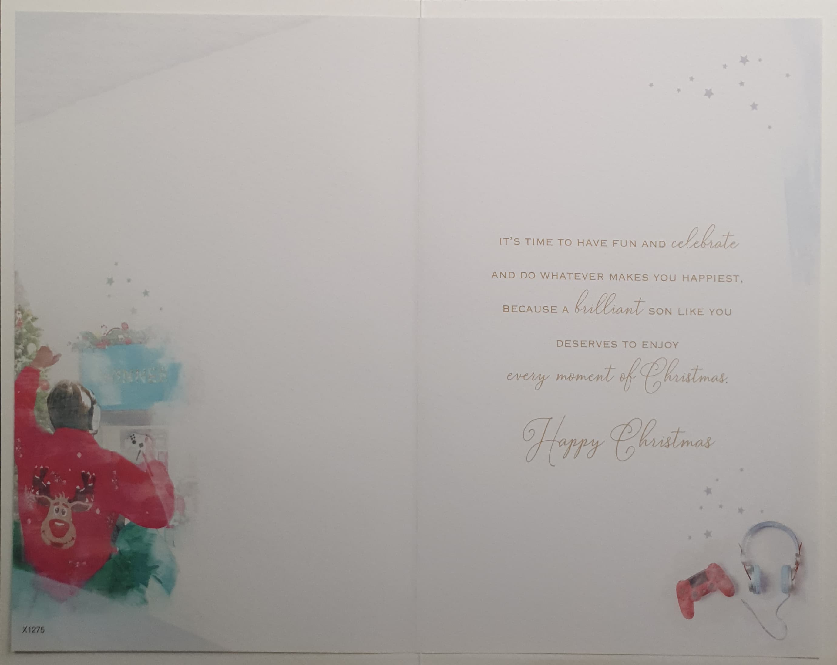 Son Christmas Card -Happy Christmas / Boy with Rudolph Jumper Playing Games
