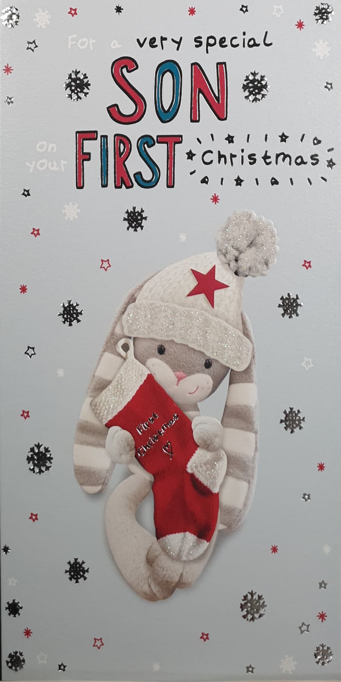 Son First Christmas Card - Cute Bunny Holding Christmas Stocking