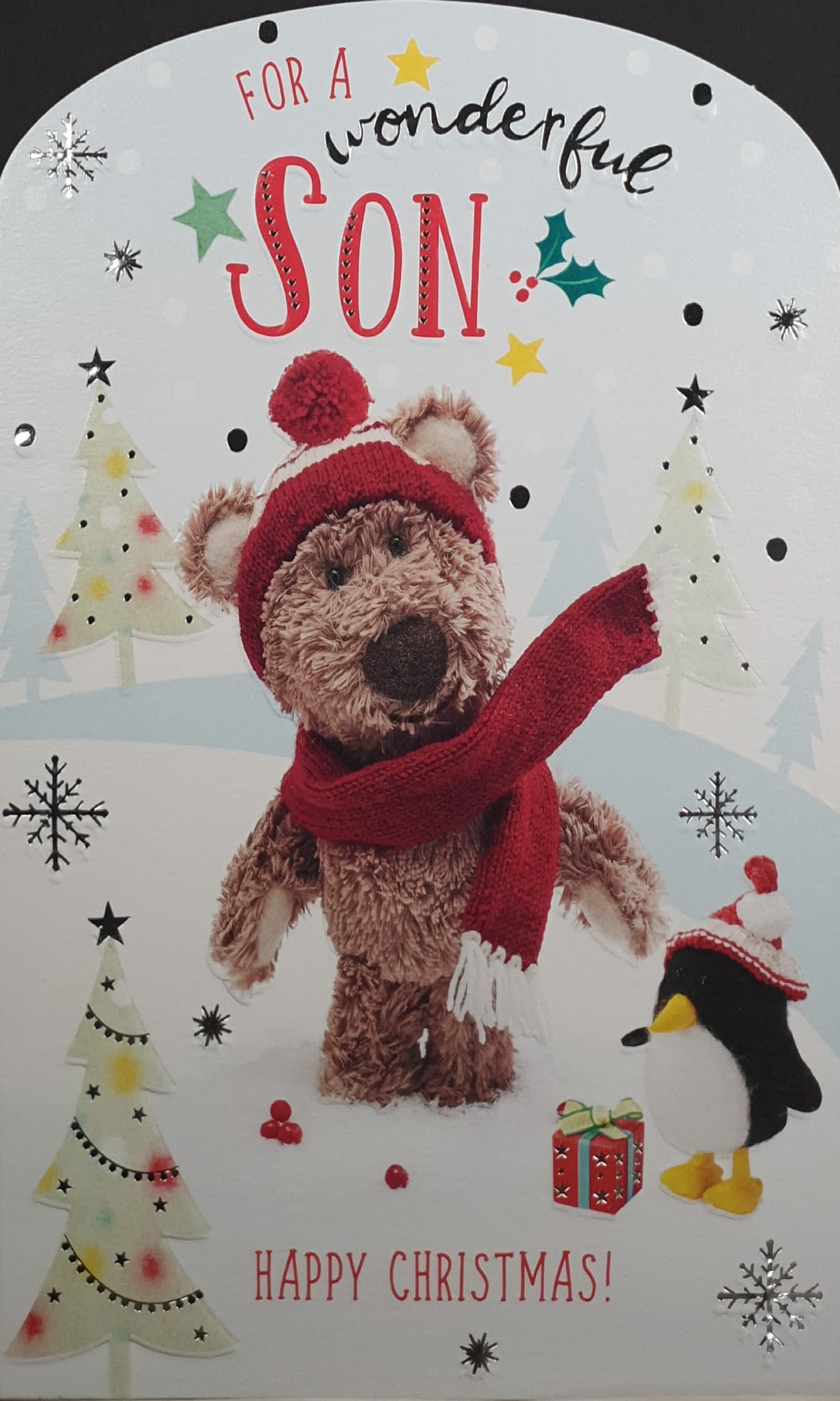 Son Christmas Card - For a Wonderful Son / Teddy in Red Scarf & Hat