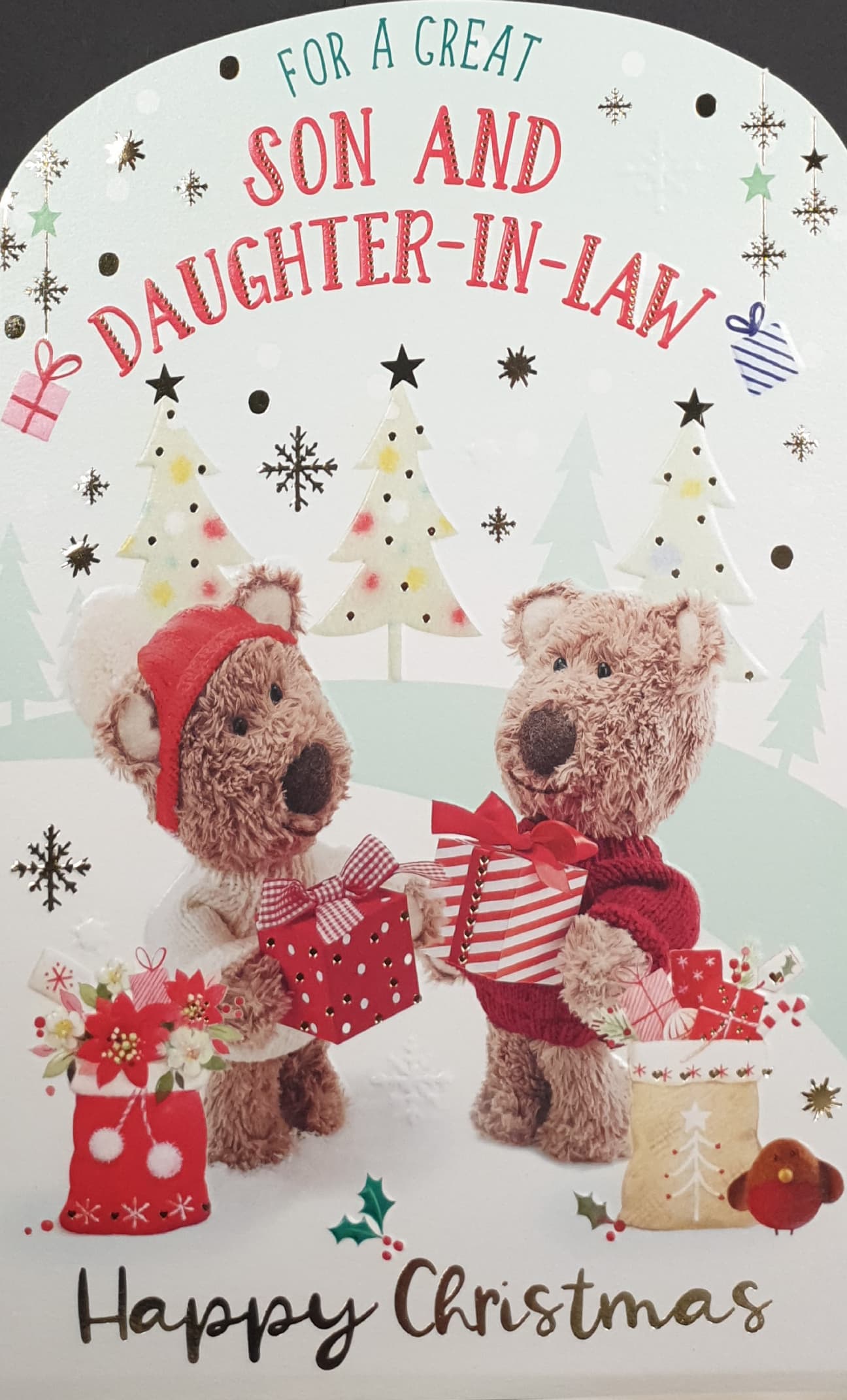 Son & Daughter in Law Christmas Card - Cute Teddies Exchanging Presents