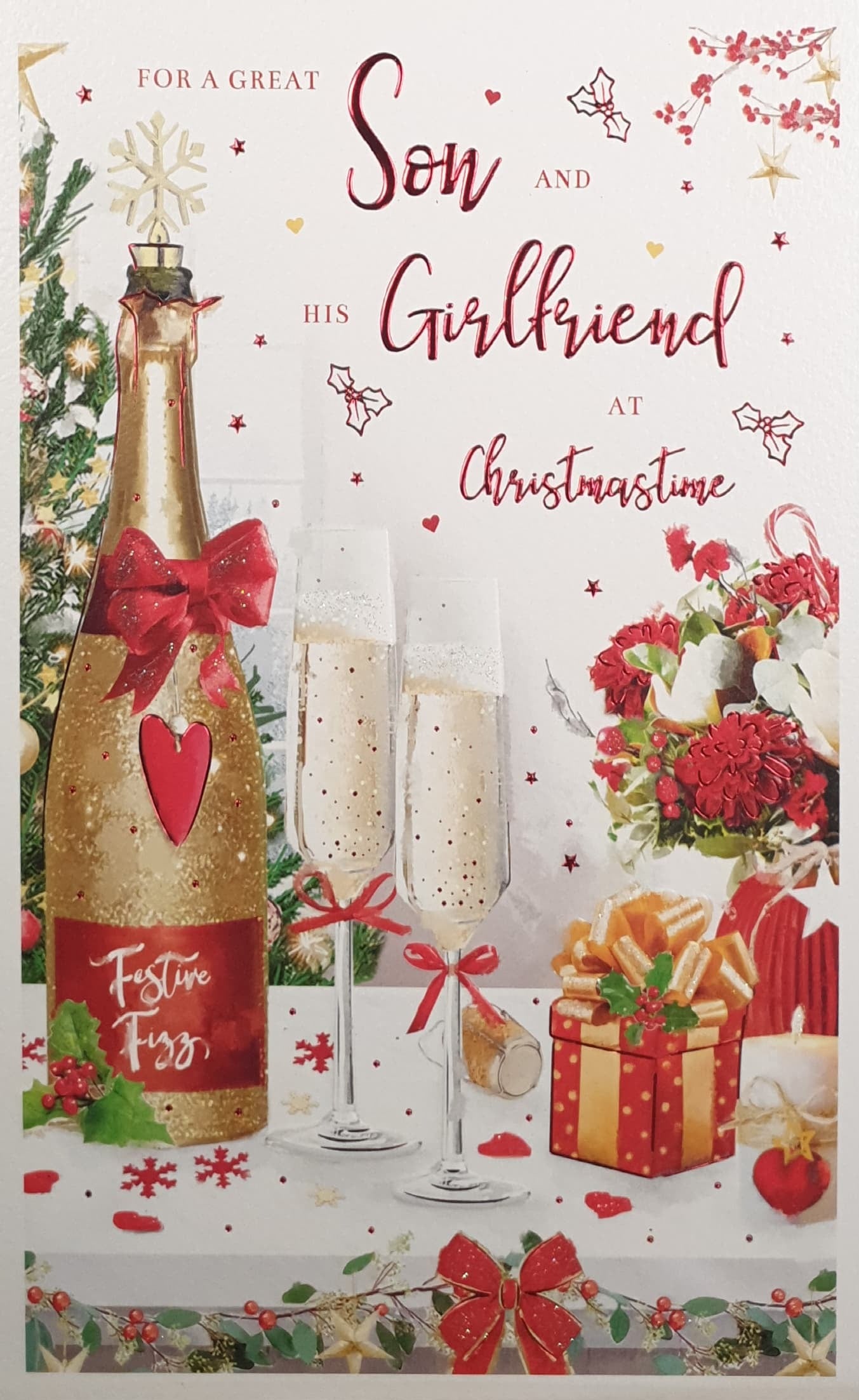 Son & His Girlfriend Christmas Card - Champagne & Decorations on Table
