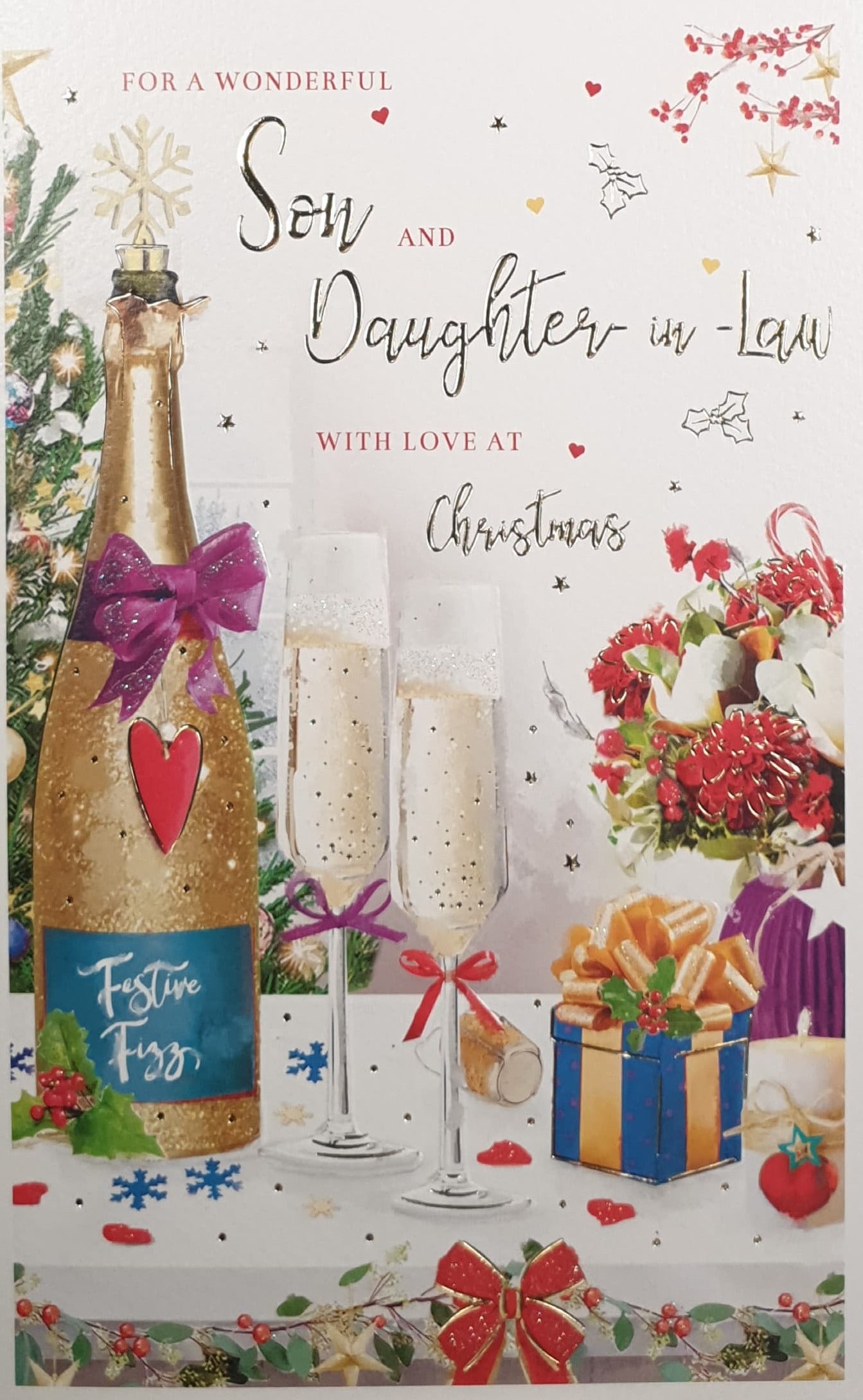 Son & Daughter in Law Christmas Card - Champagne, Ribbons & Gifts on Festive Table