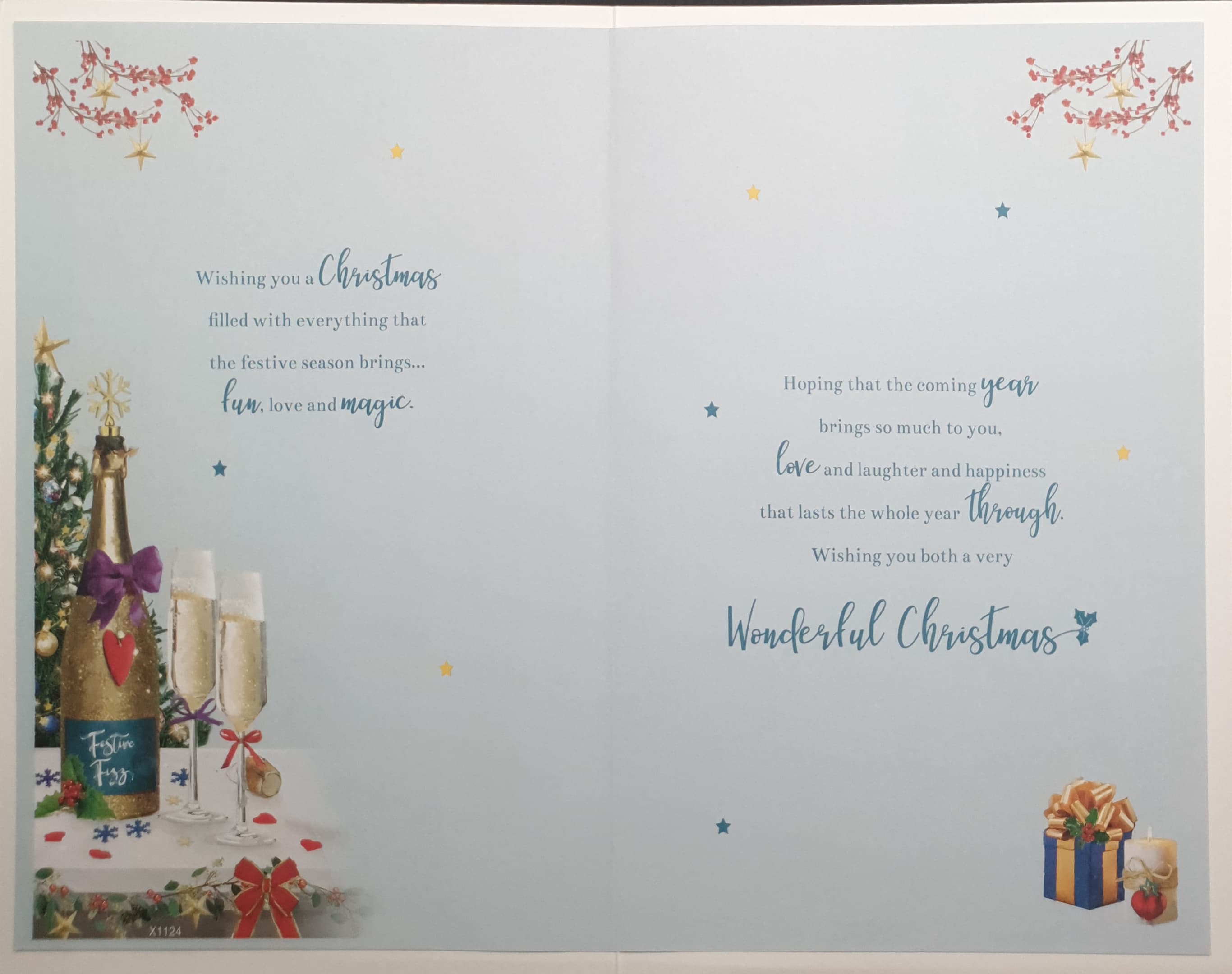 Son & Daughter in Law Christmas Card - Champagne, Ribbons & Gifts on Festive Table