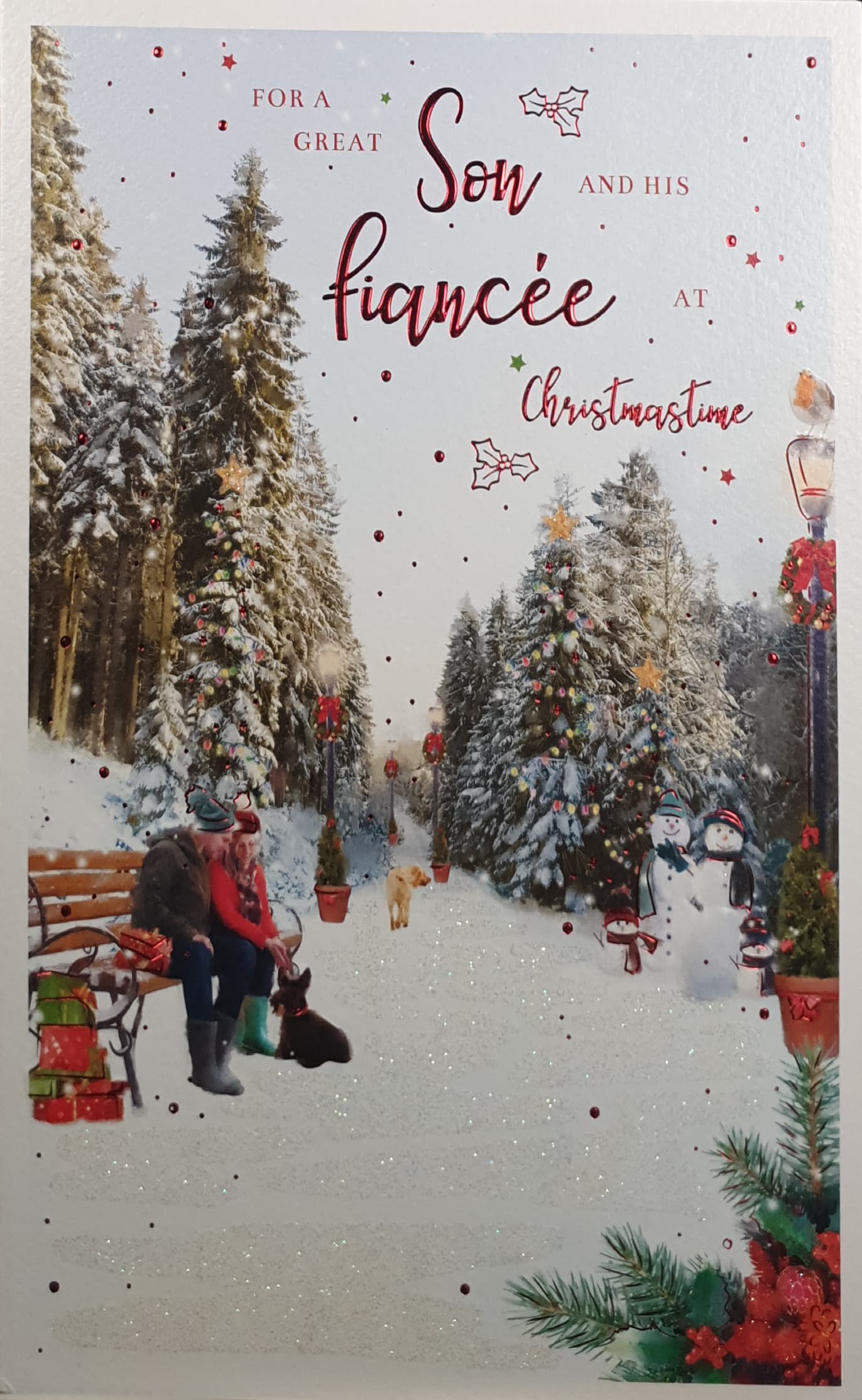 Son & His Fiancée Christmas Card - Couple sitting on Bench beside Forest