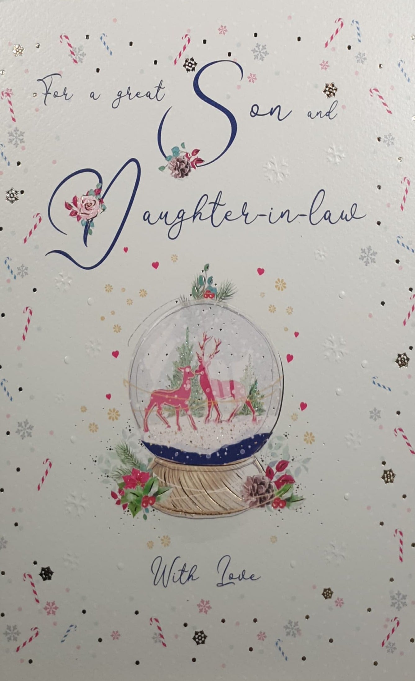 Son & Daughter in Law Christmas Card - Two Reindeer in Snowglobe