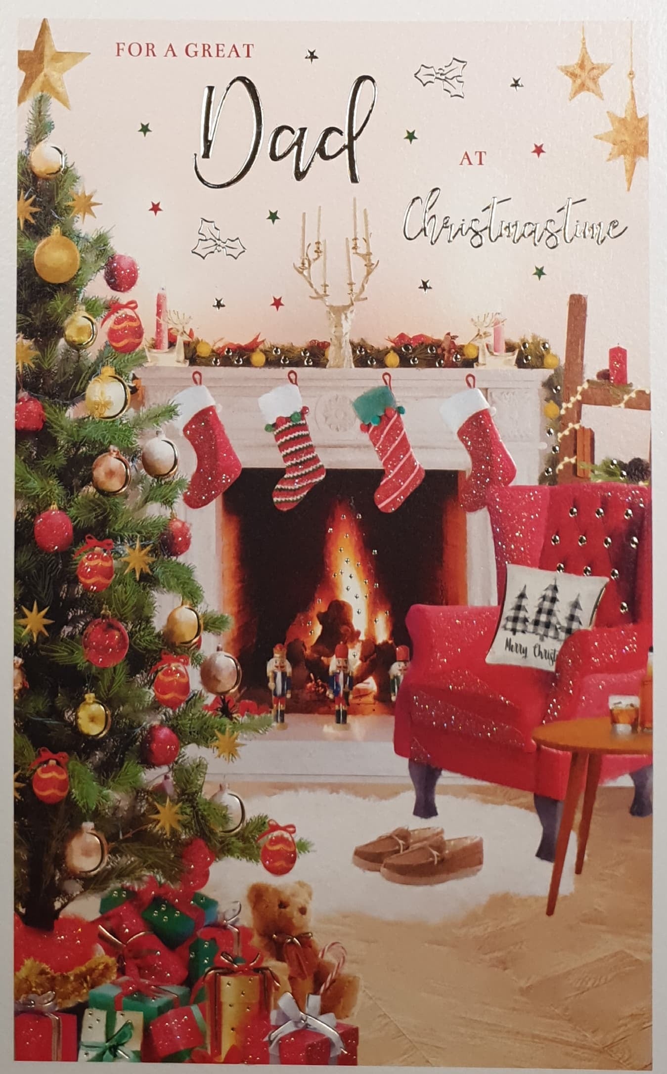 Dad Christmas Card - Stockings By the Fireplace & Armchair