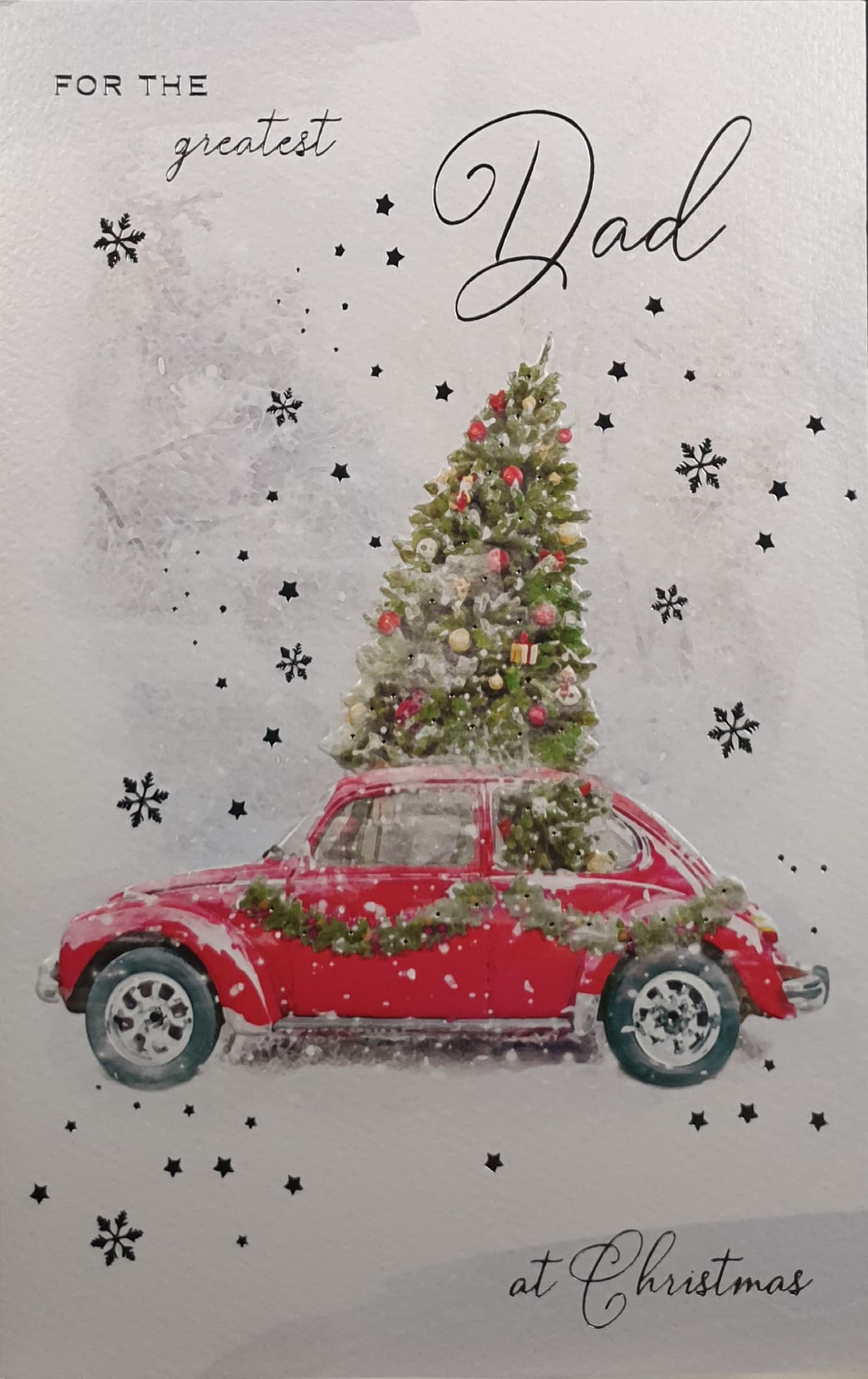 Dad Christmas Card - Red Car Carrying Christmas Tree