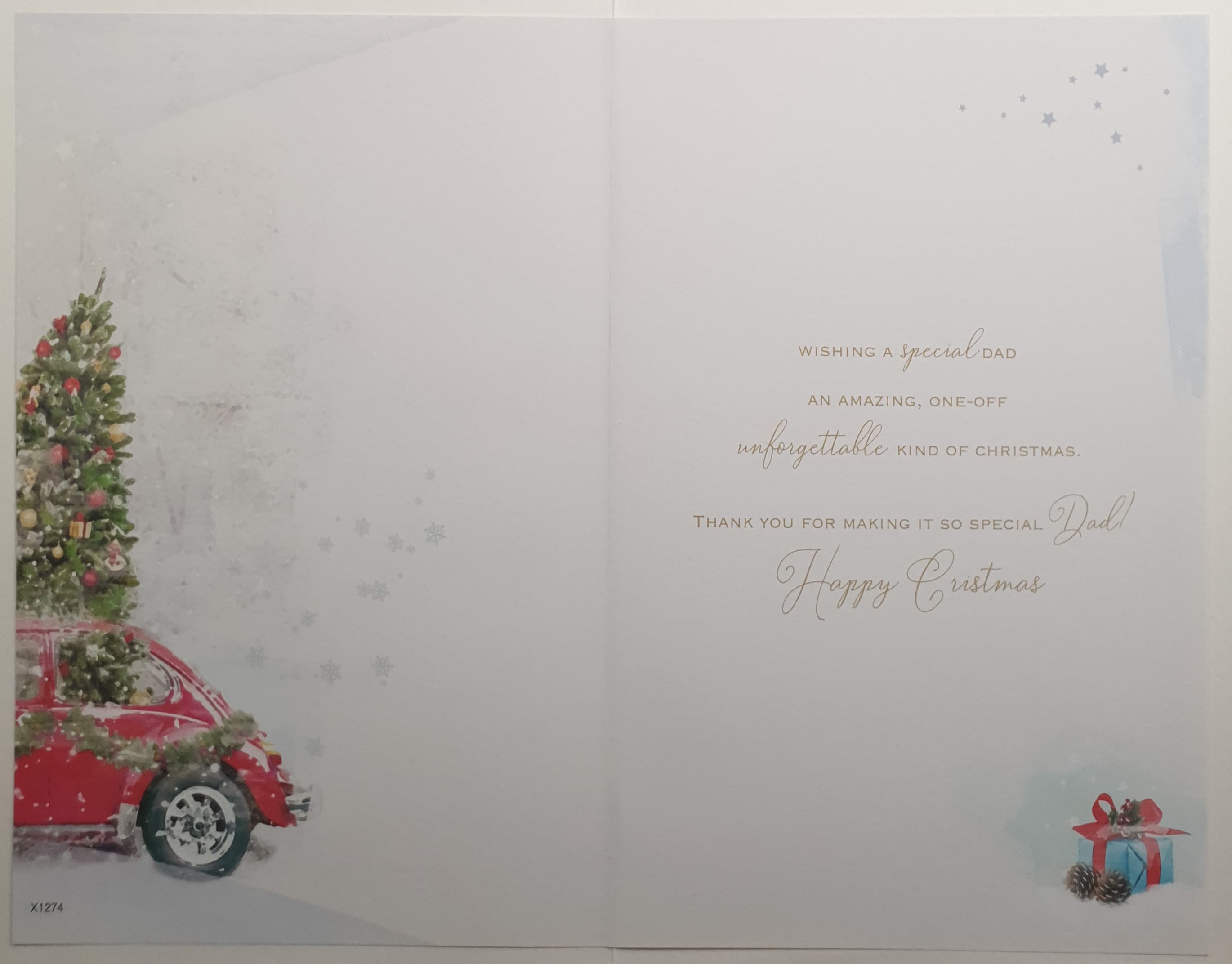 Dad Christmas Card - Red Car Carrying Christmas Tree