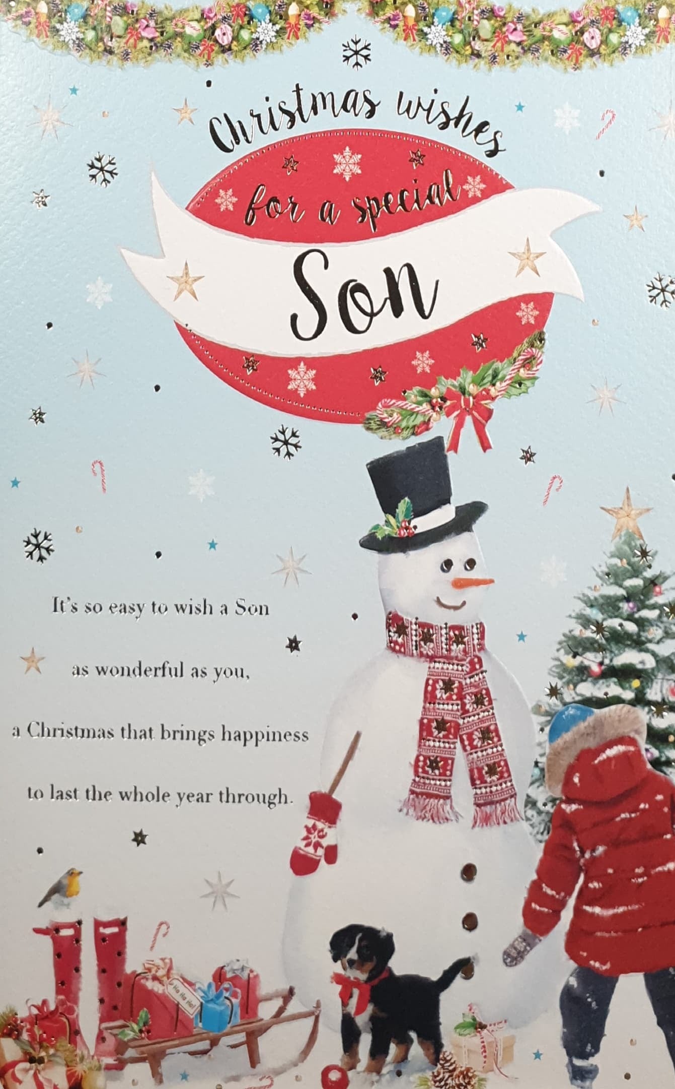 Son Christmas Card - Child with Dog Building Snowman