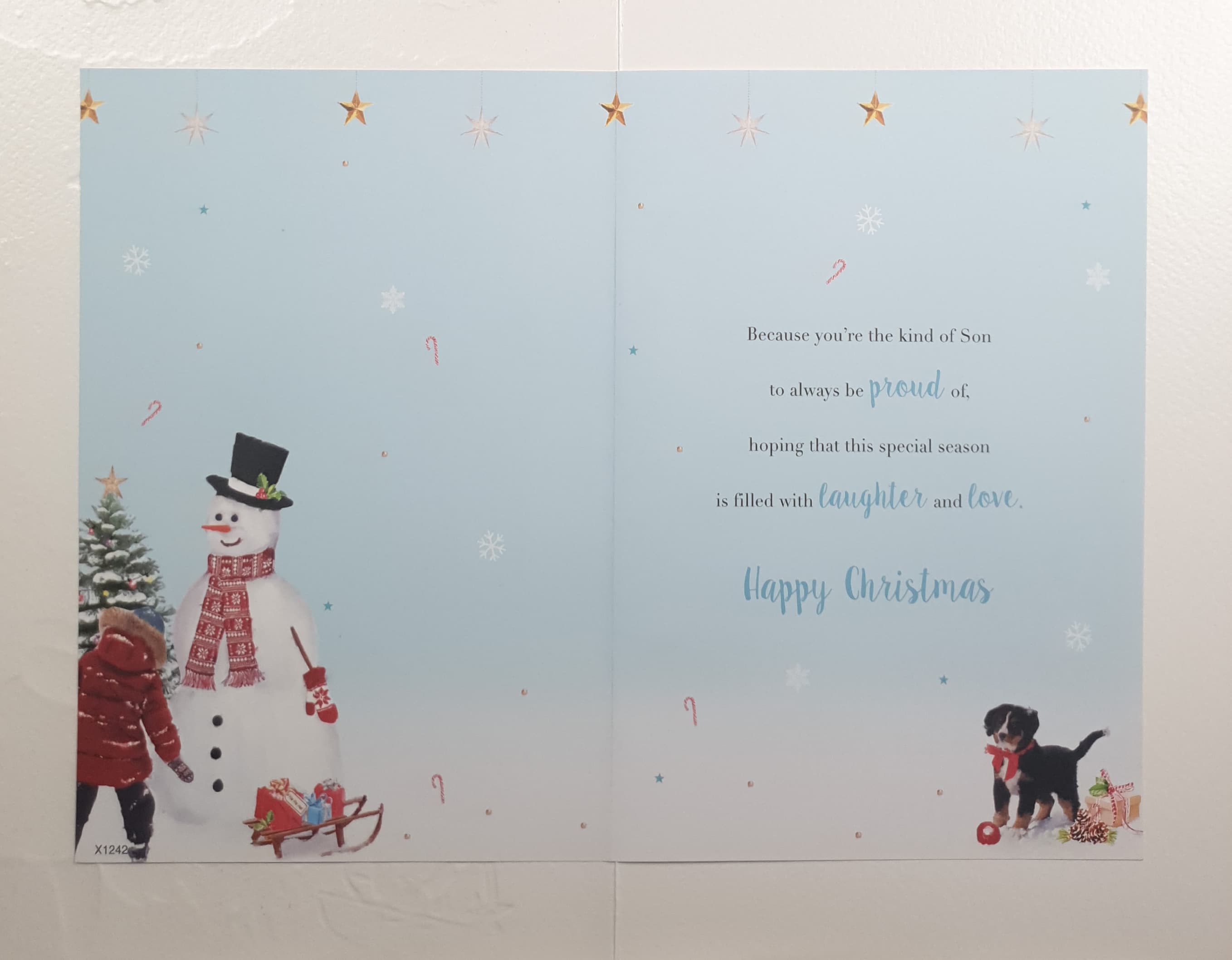 Son Christmas Card - Child with Dog Building Snowman