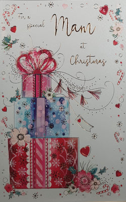 Mam Christmas Card - Decorated Gift Boxes Stacked with Flowers