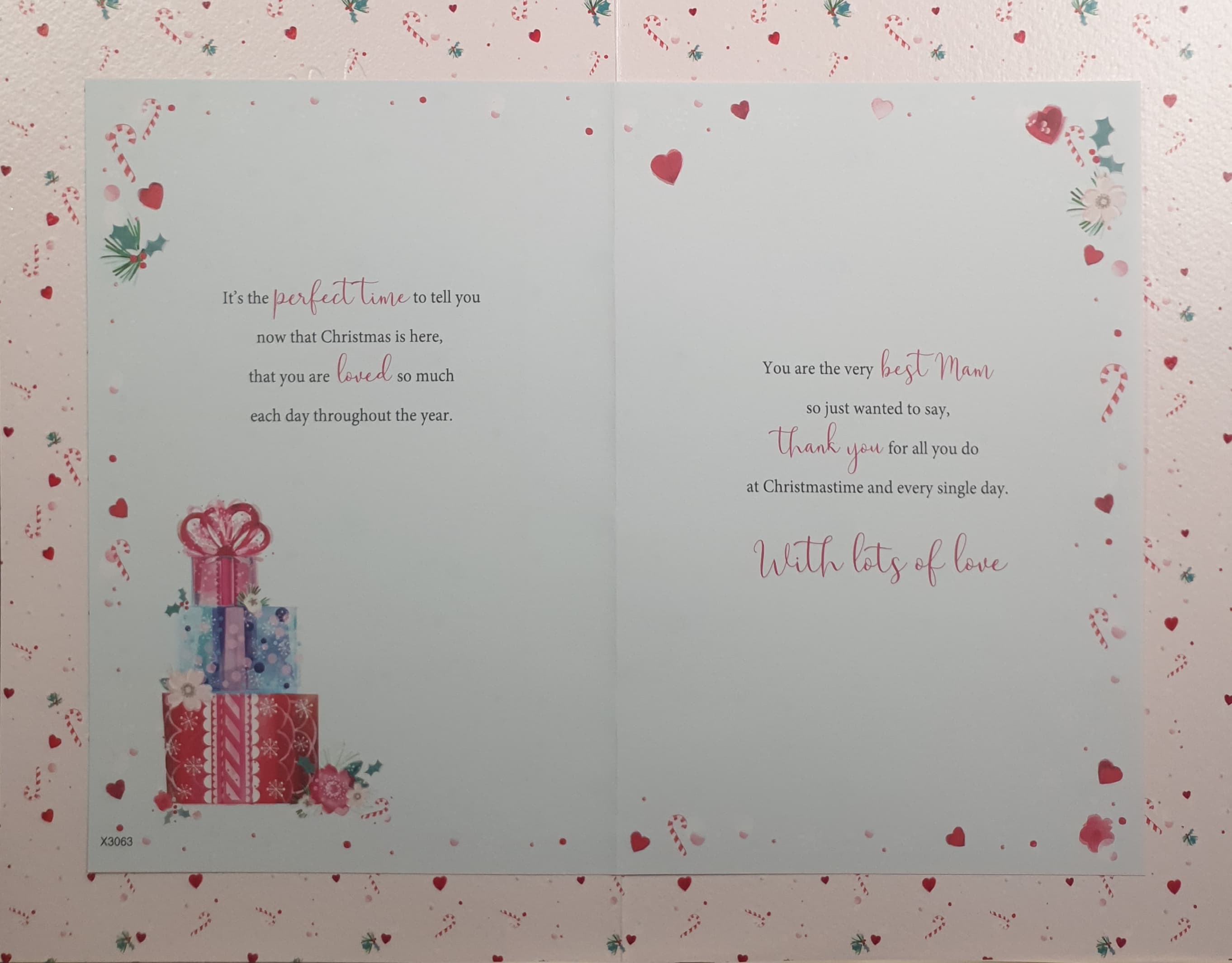 Mam Christmas Card - Decorated Gift Boxes Stacked with Flowers