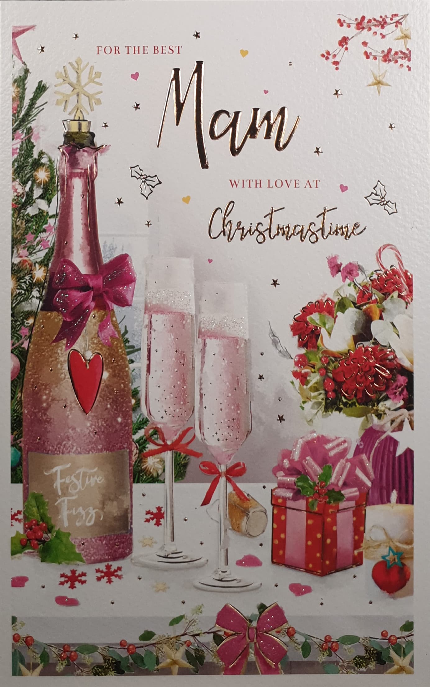 Mam Christmas Card - Pink Champagne & Gift on Table with Flowers