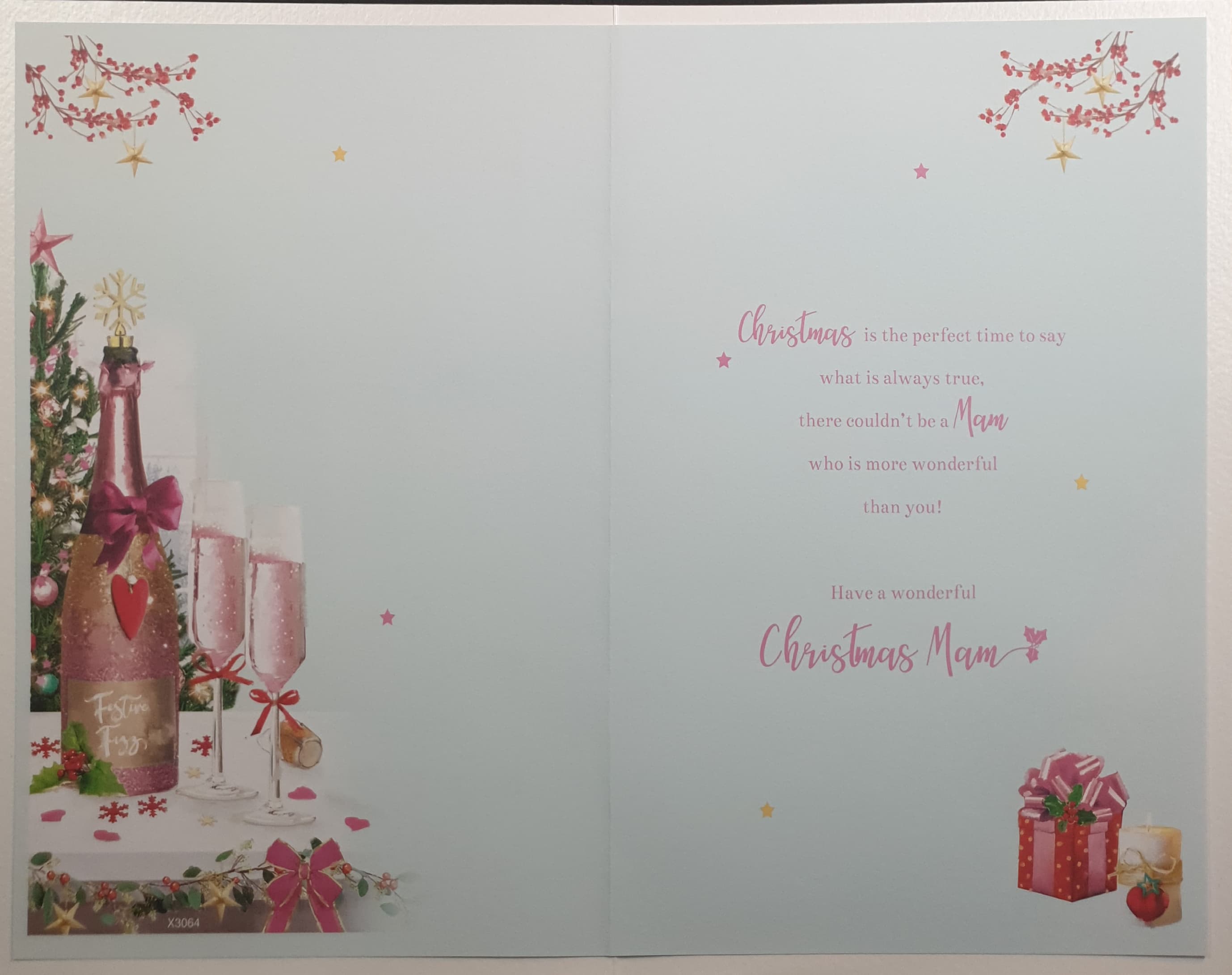 Mam Christmas Card - Pink Champagne & Gift on Table with Flowers