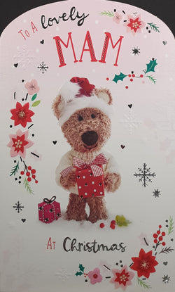Mam Christmas Card - Cute Teddy Holding Gift Box & Floral Border