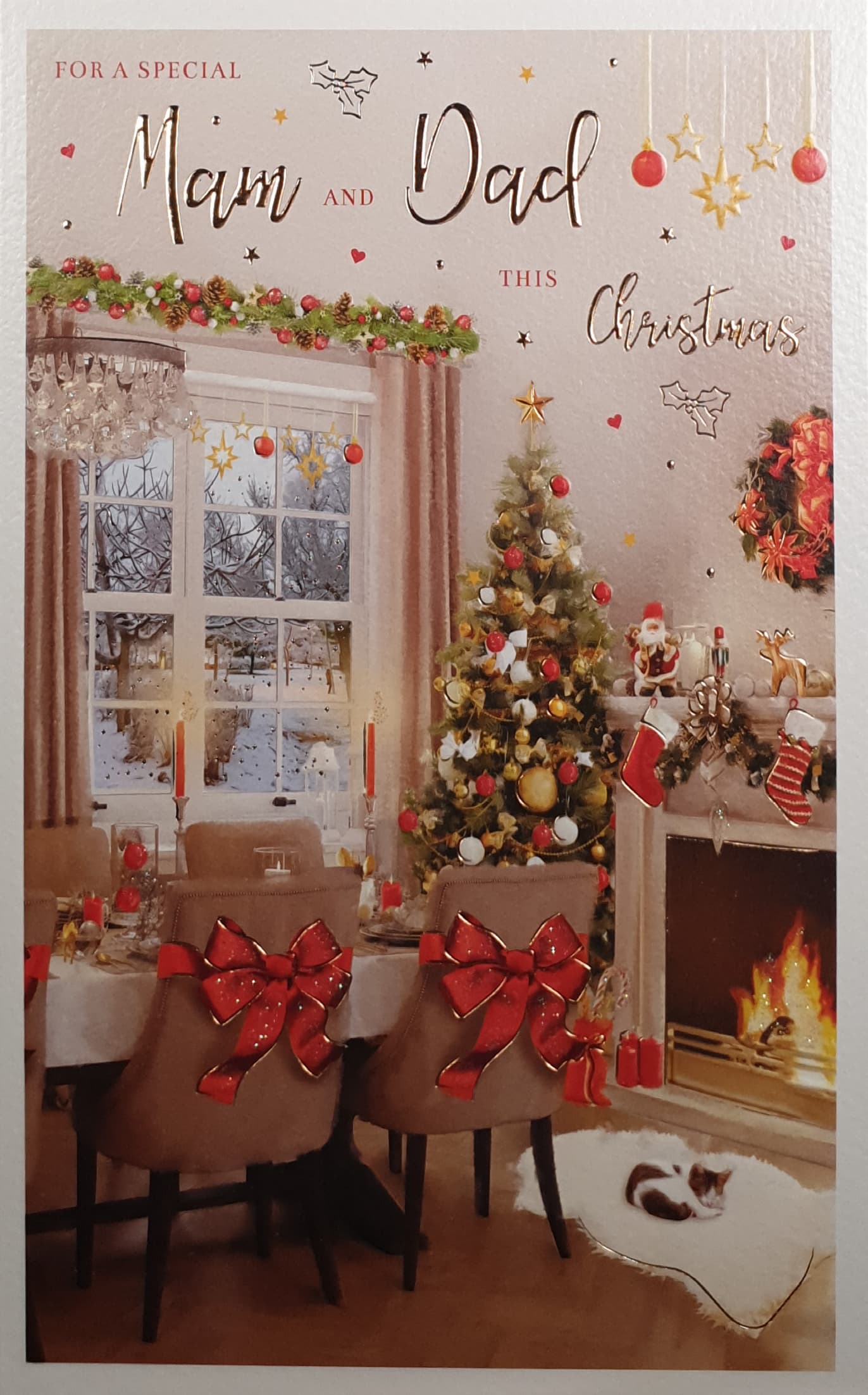 Mam and Dad Christmas Card - Red Ribbons on Dining Chairs by Fireplace