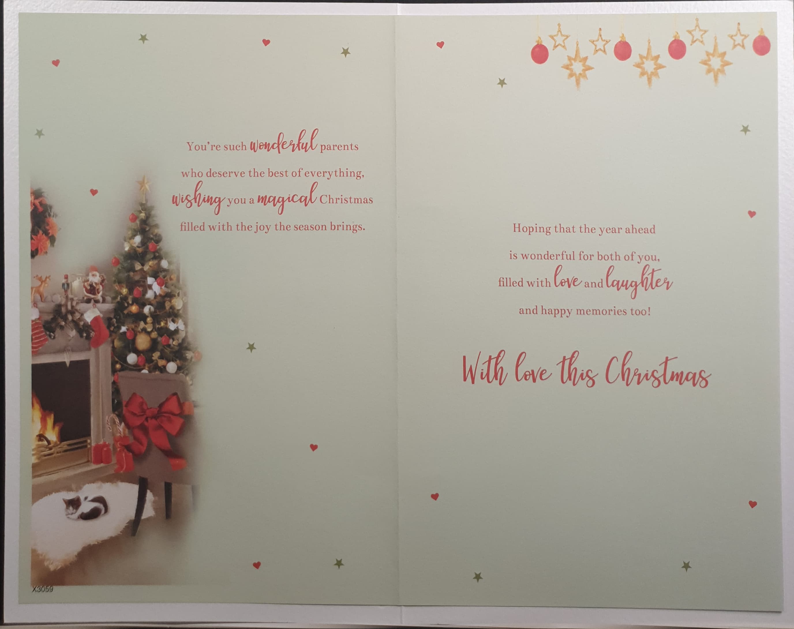 Mam and Dad Christmas Card - Red Ribbons on Dining Chairs by Fireplace