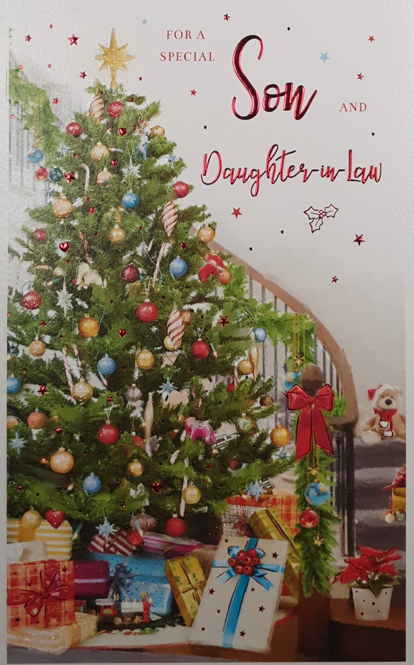 Son & Daughter in Law Christmas Card - Colourful Decorated Christmas Tree