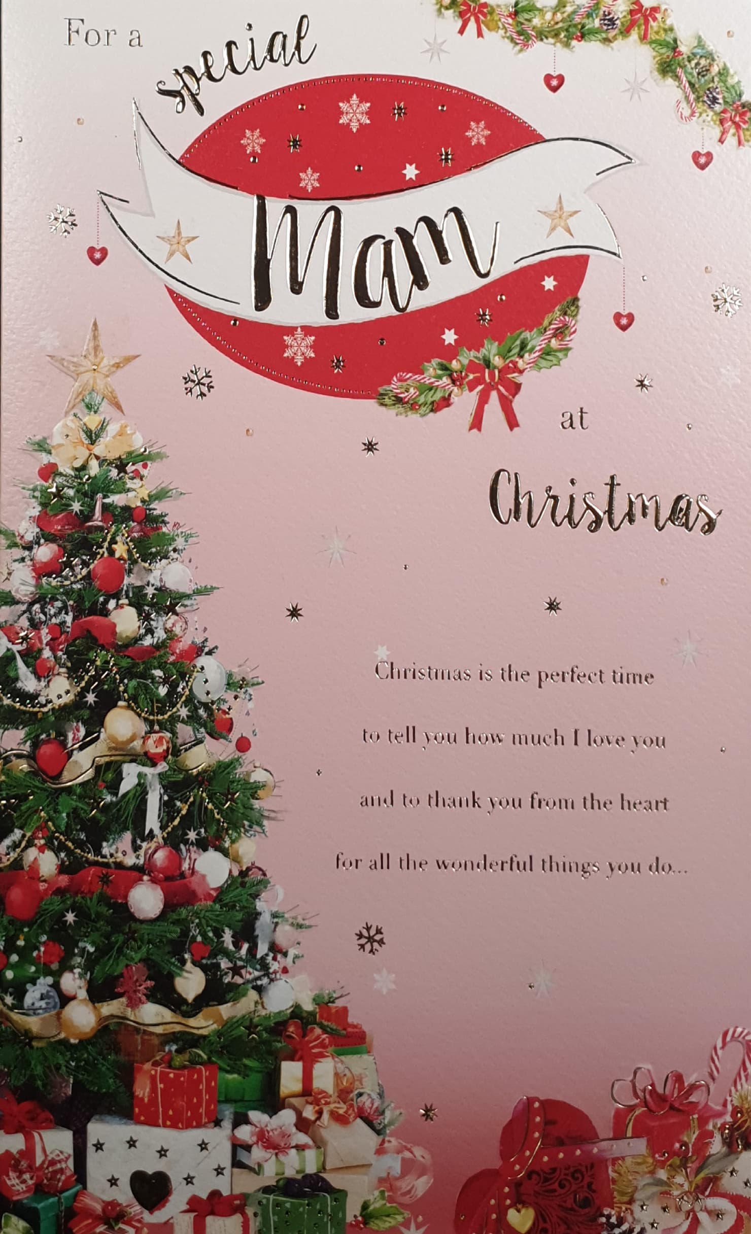 Mam Christmas Card - Christmas Tree & Gifts on Pink Background