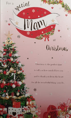 Mam Christmas Card - Christmas Tree & Gifts on Pink Background