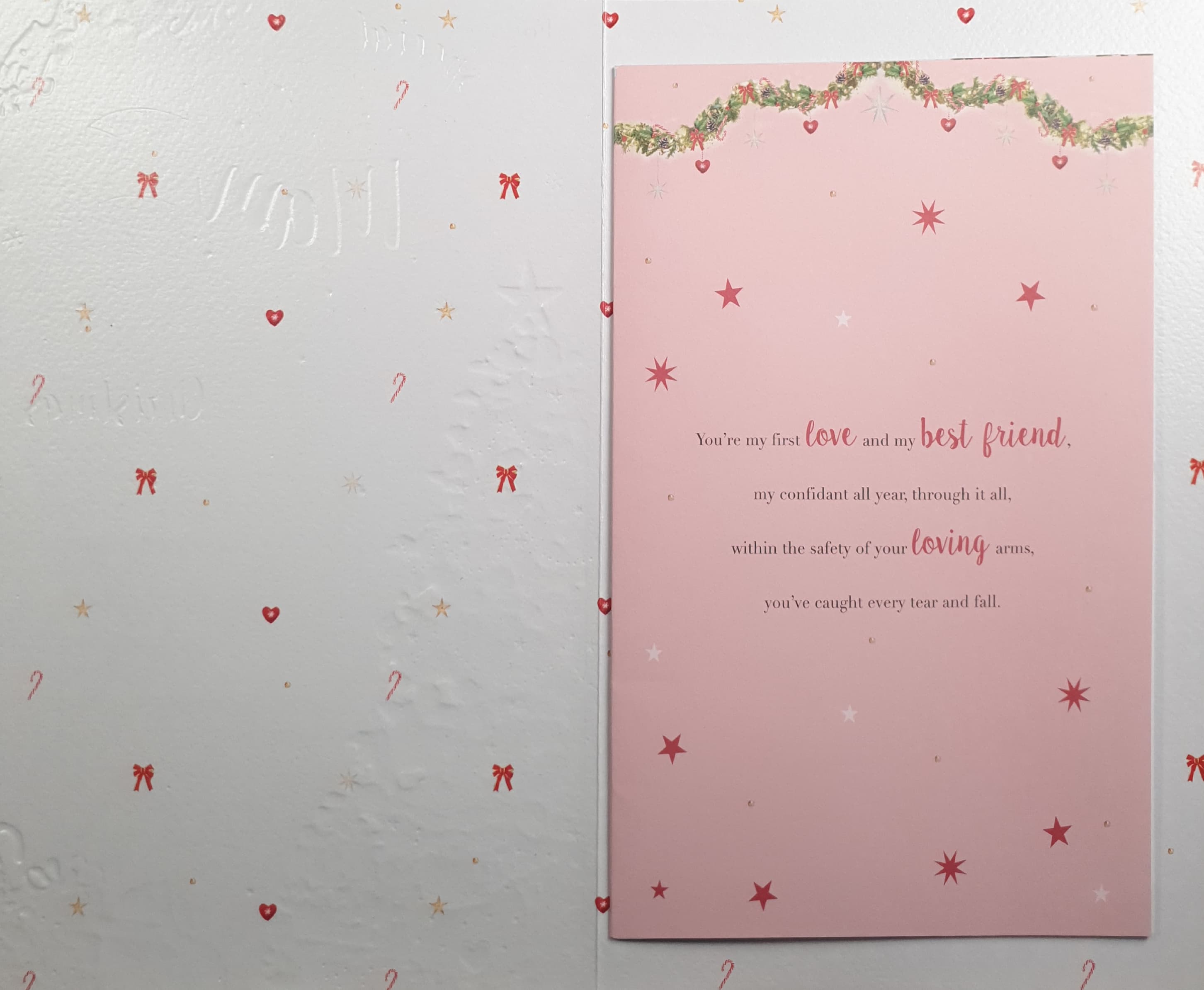 Mam Christmas Card - Christmas Tree & Gifts on Pink Background