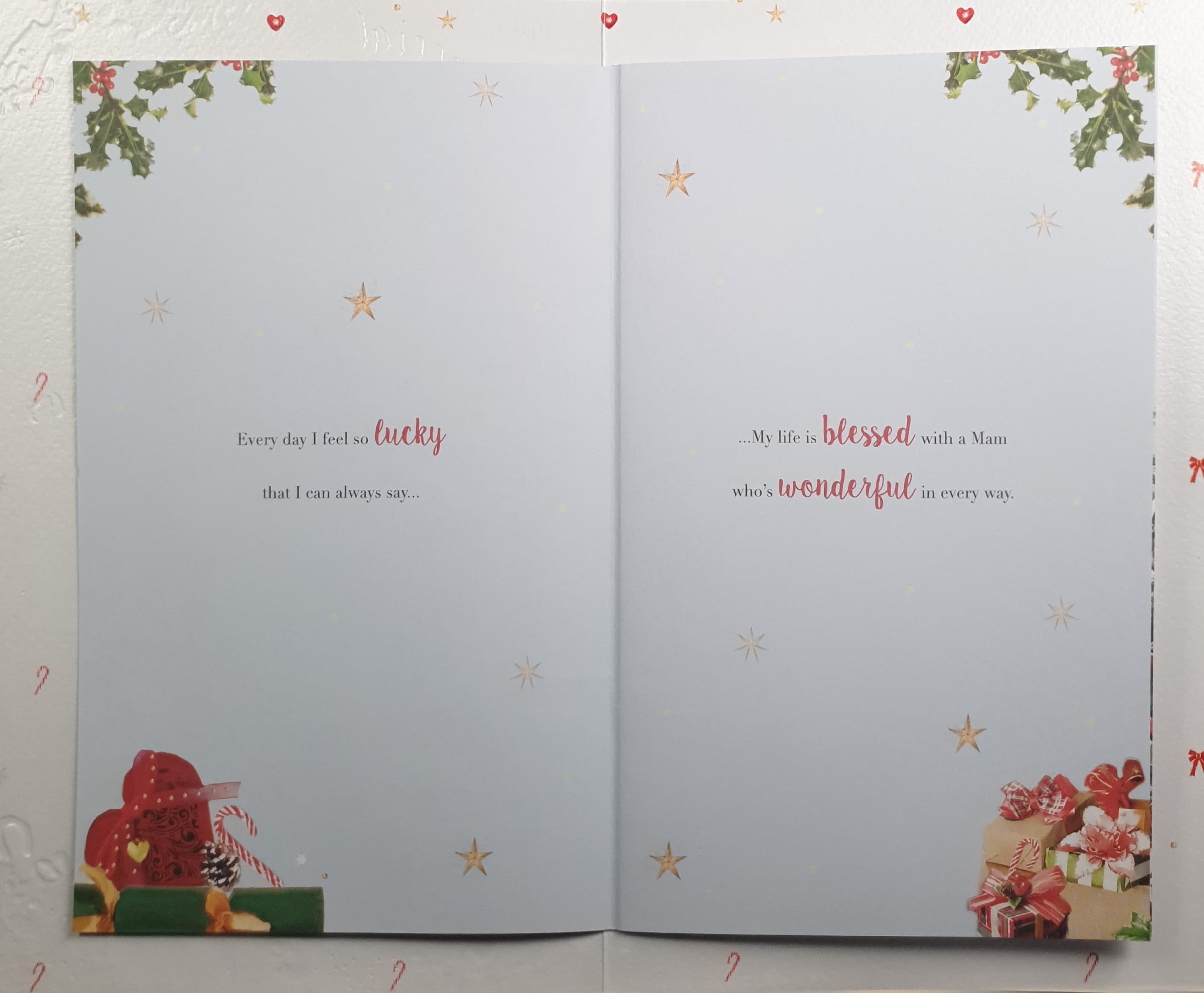 Mam Christmas Card - Christmas Tree & Gifts on Pink Background