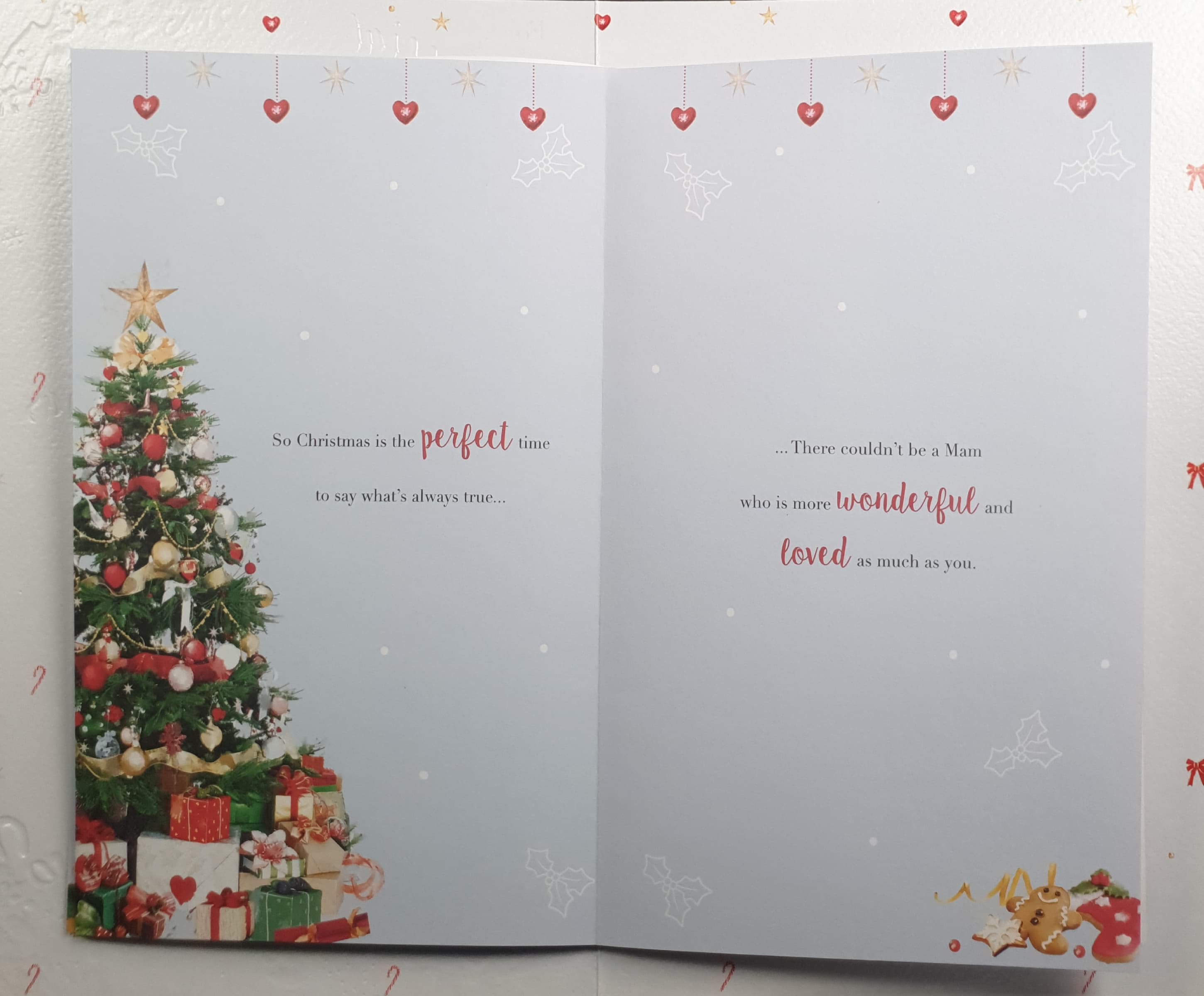 Mam Christmas Card - Christmas Tree & Gifts on Pink Background
