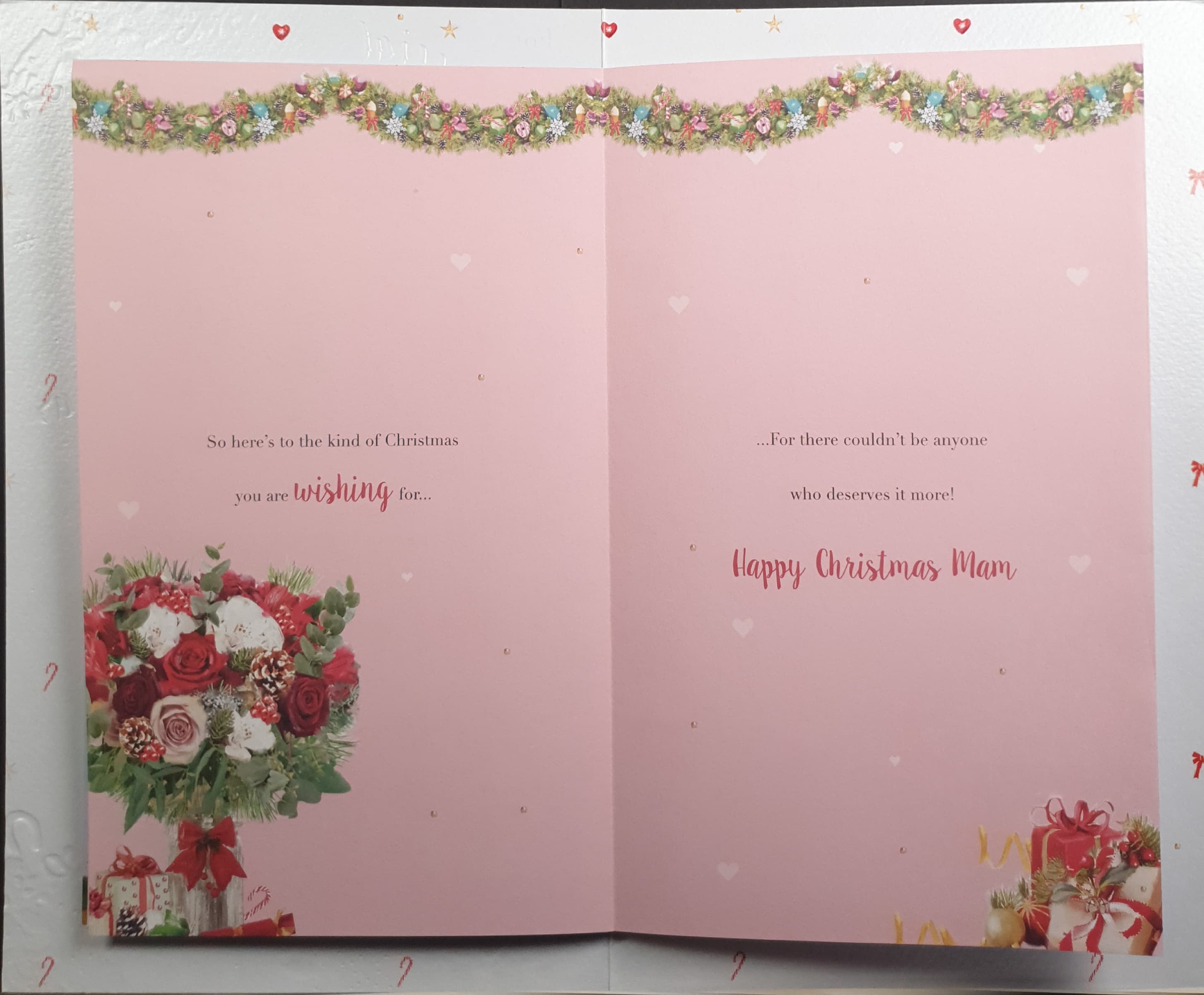 Mam Christmas Card - Christmas Tree & Gifts on Pink Background