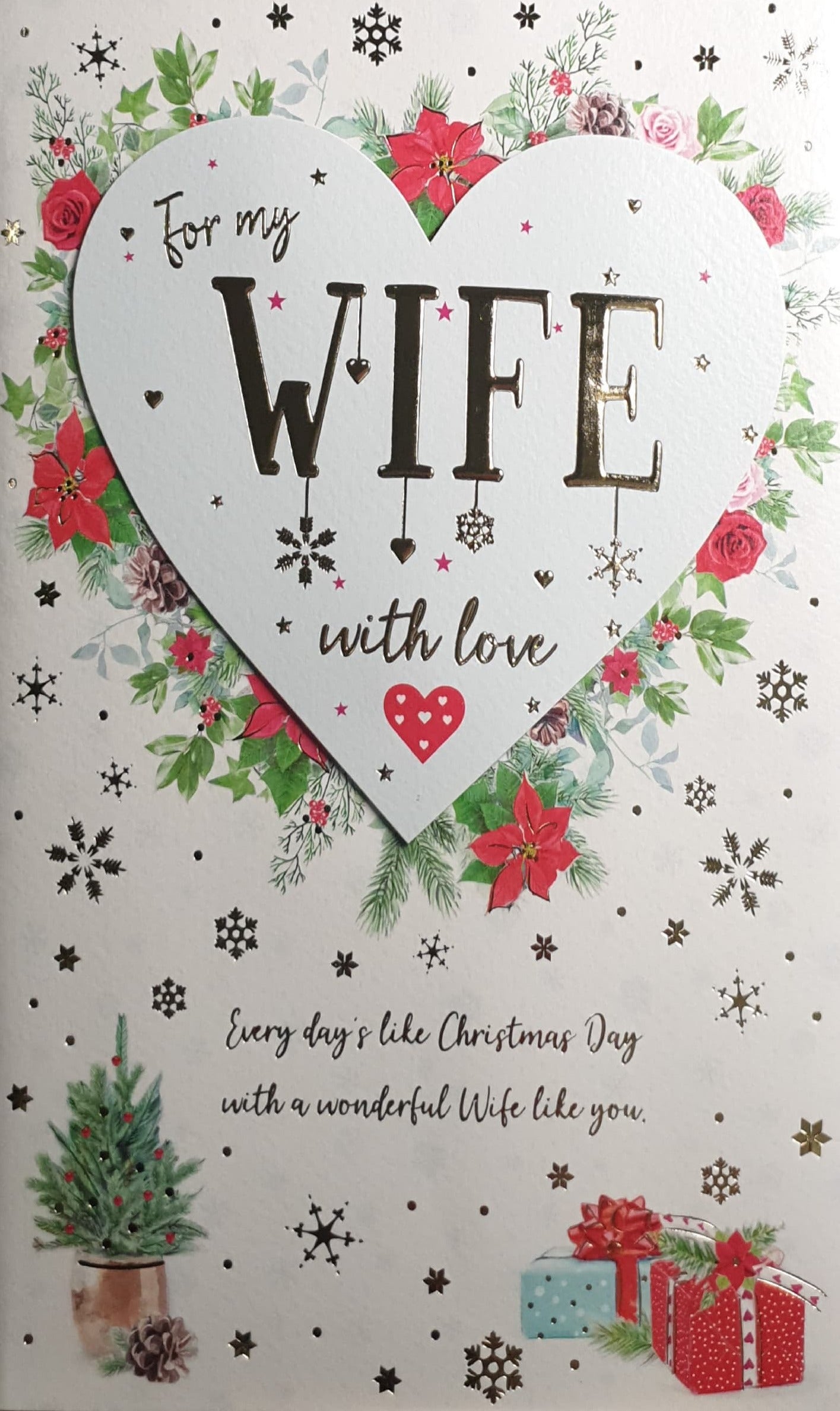 Wife Christmas Card - With Love / Heart with Floral Background