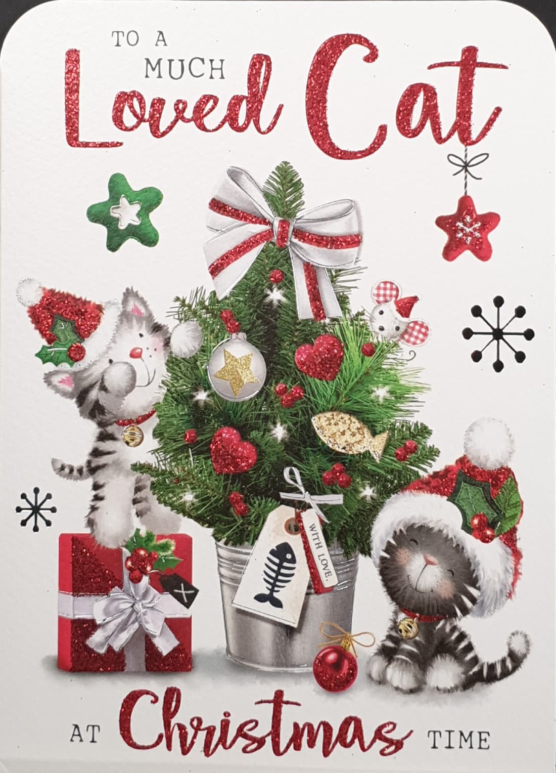 Cat Christmas Card - To a Much Loved Cat / Cats Decorating Christmss Tree