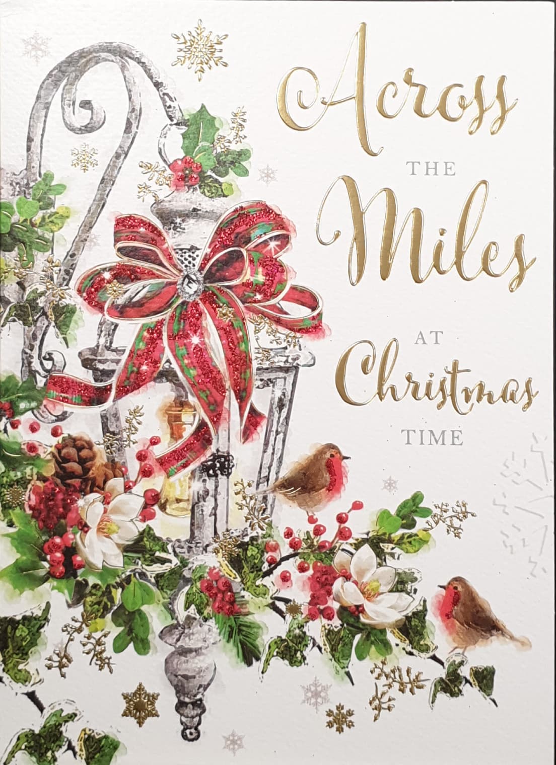 Across The Miles Christmas Card - Cute Robins Perched on Berry Branch & Lamp