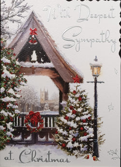 Sympathy Christmas Card - With Deepest Sympathy / Christmas Trees at Snowy Arch