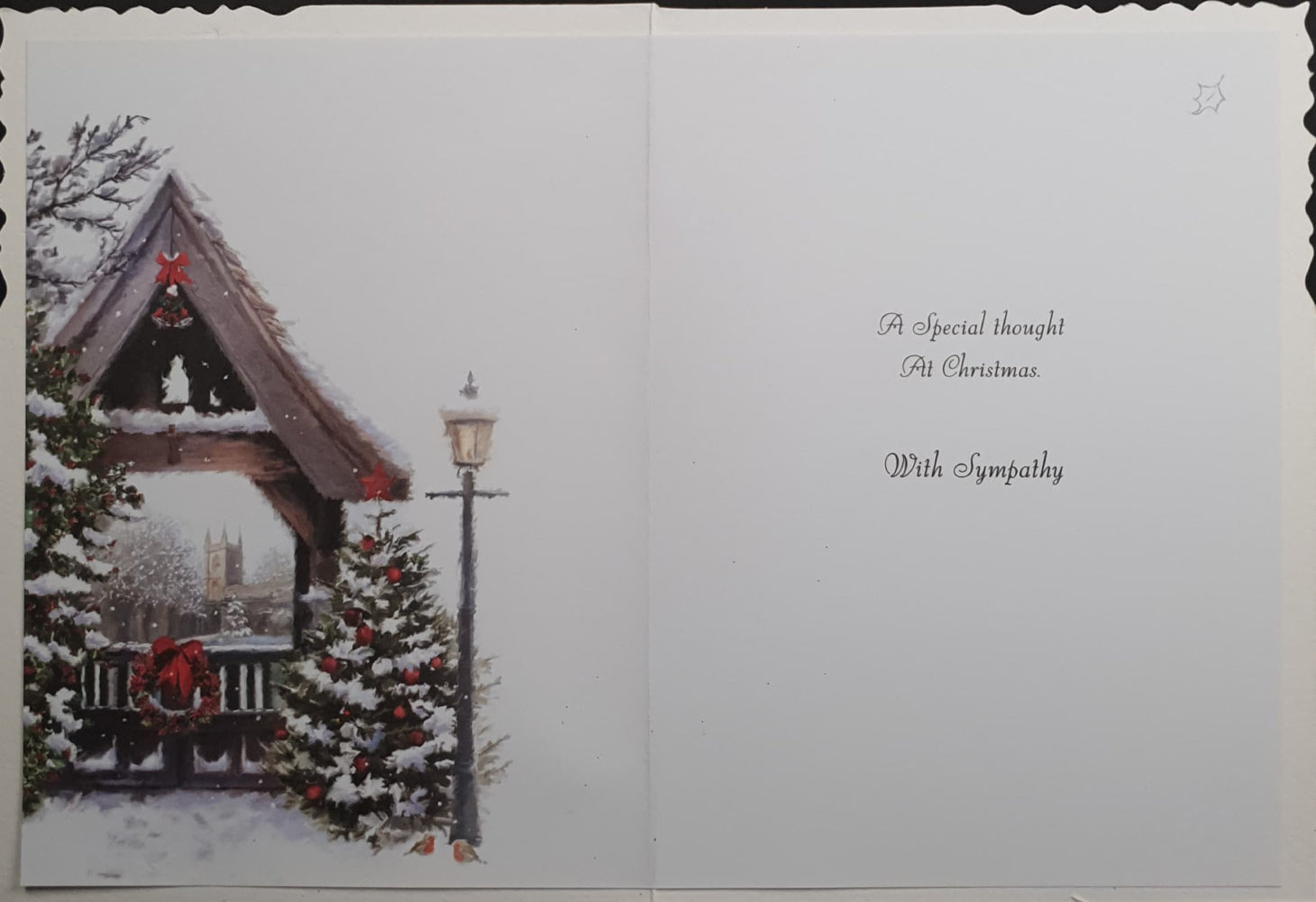 Sympathy Christmas Card - With Deepest Sympathy / Christmas Trees at Snowy Arch