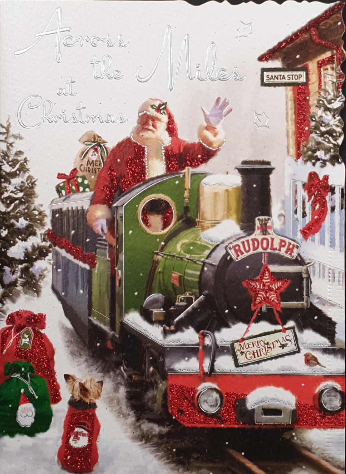 Across The Miles Christmas Card - Santa Arriving on Green Train