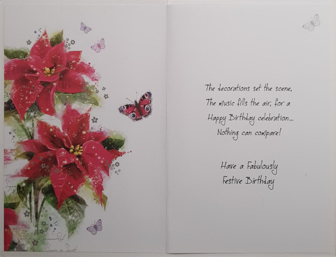 December Birthday Christmas Card - Poinsettia Flower & Butterflies