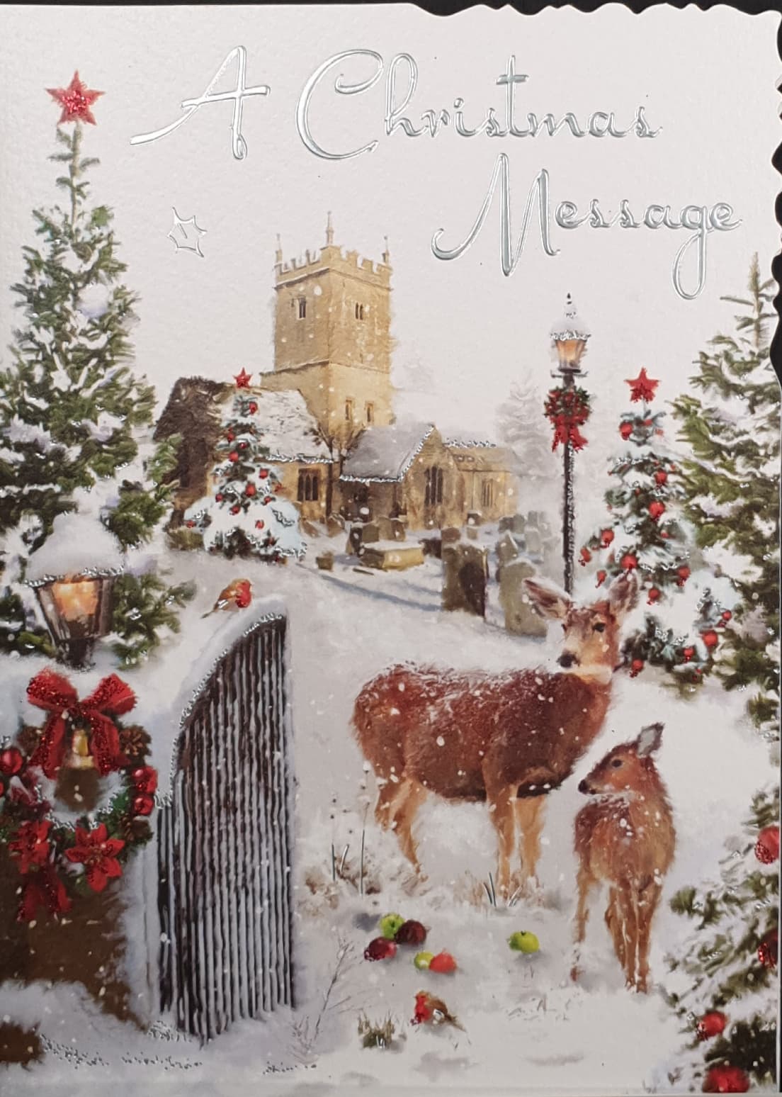 General Christmas Card - A Christmas Message / Deer in The Snow Near Church