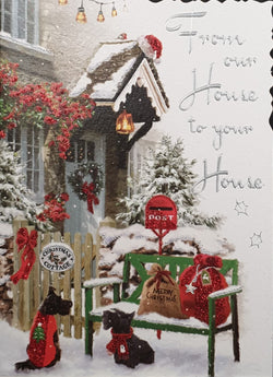 From Our House to Yours Christmas Card - Dogs & Green Bench Outside Snowy House