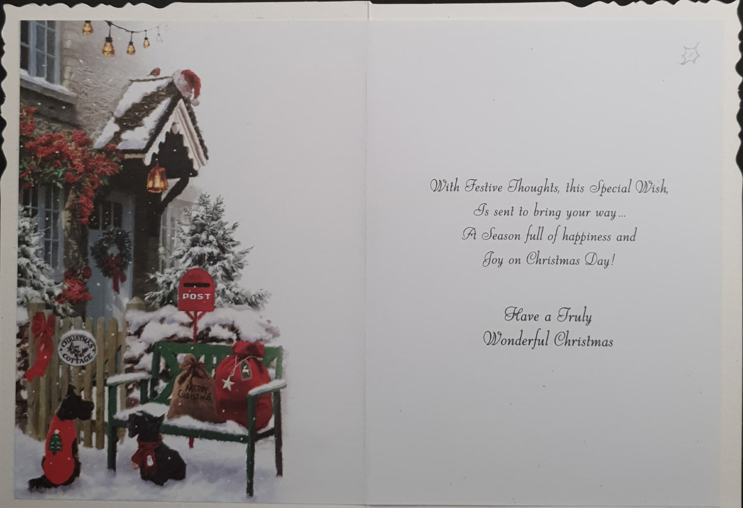 From Our House to Yours Christmas Card - Dogs & Green Bench Outside Snowy House